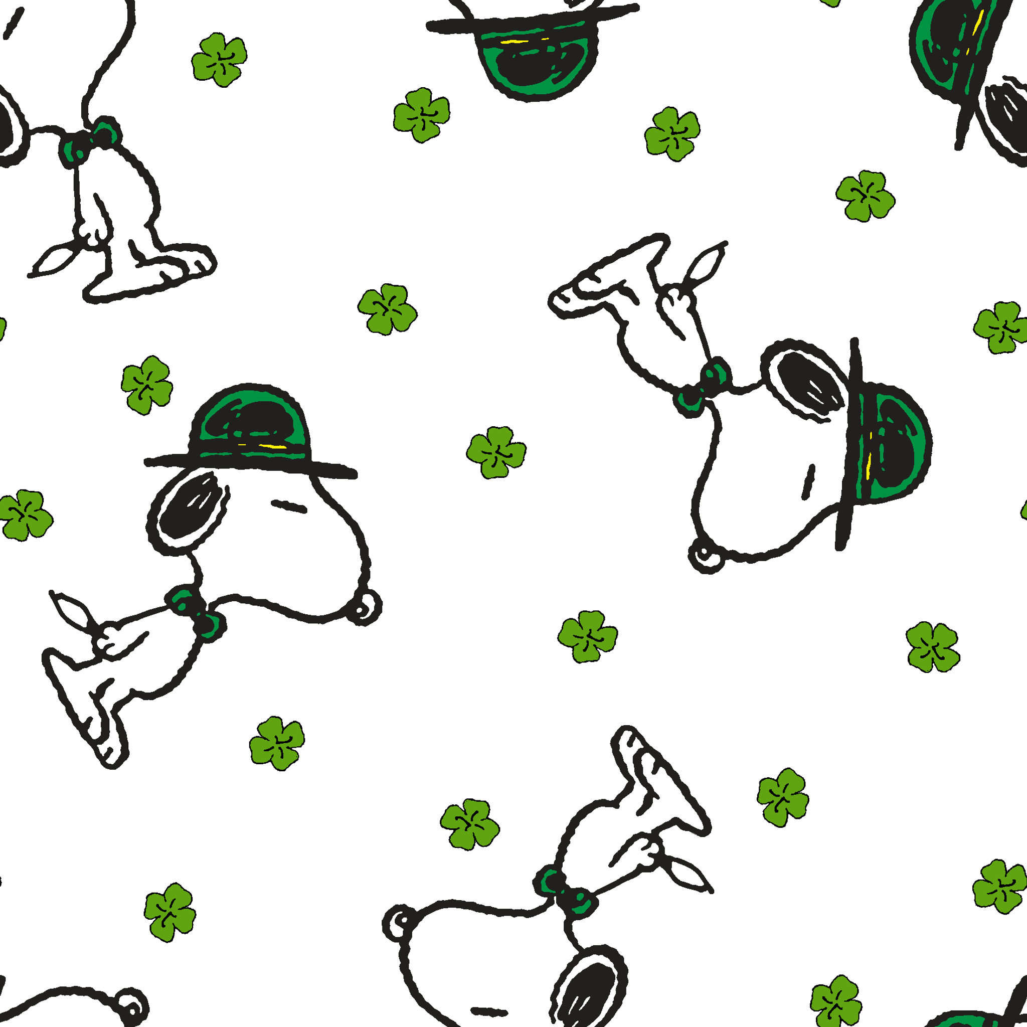 Cartoon Snoopy wearing green hat with shamrocks scattered across white background tiled preview square