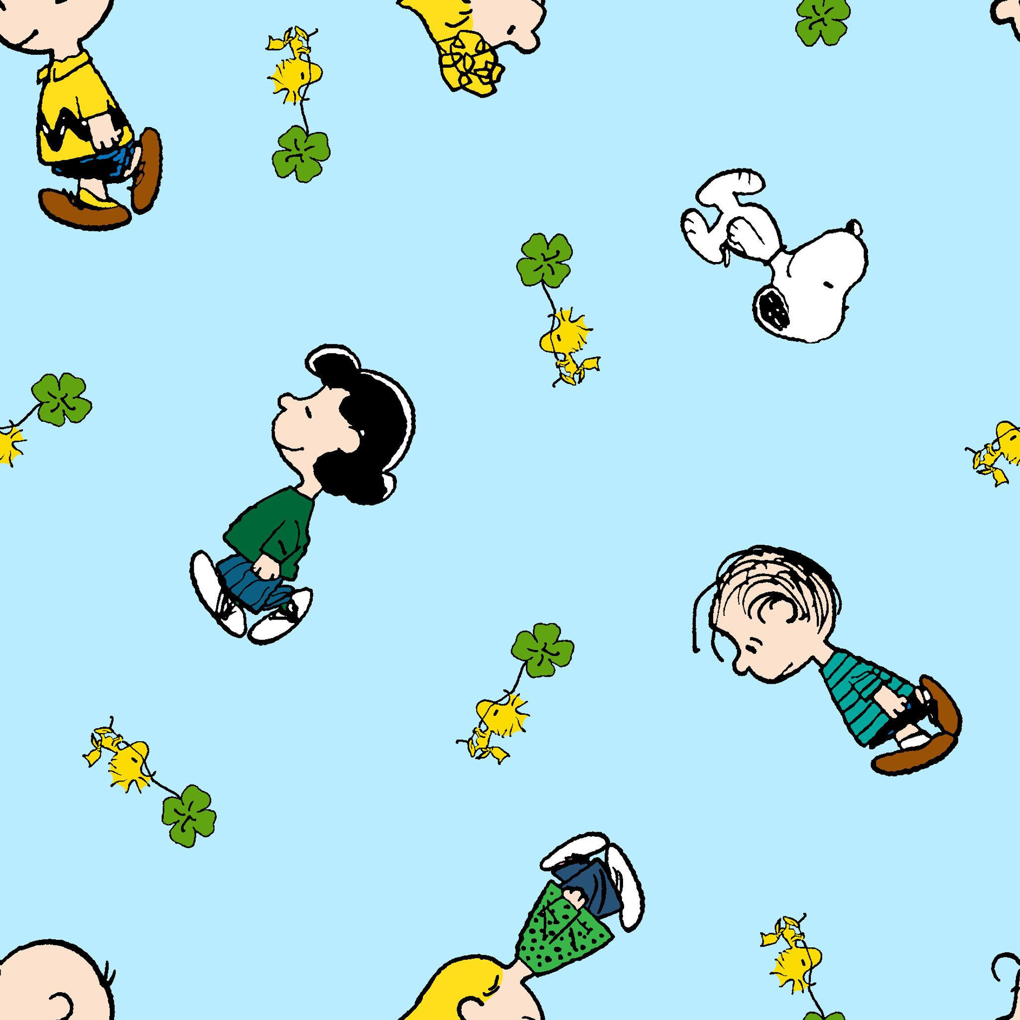 Peanuts cartoon characters on light blue background with clovers tiled preview square