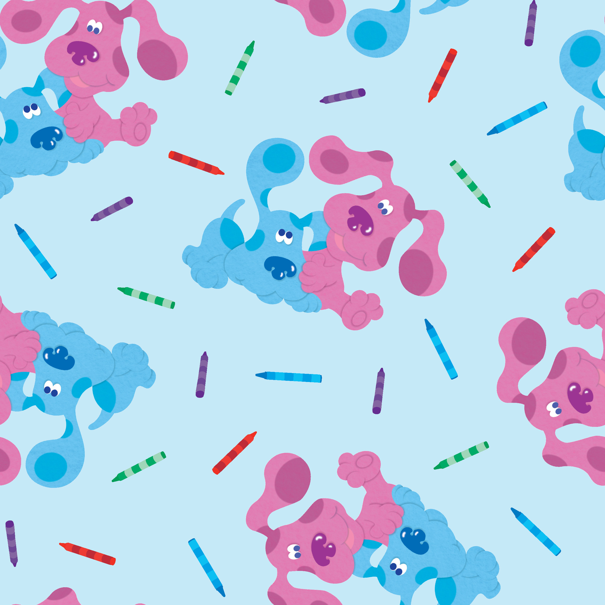 Playful pattern of cartoon blue and pink dogs with colorful stick accents on light blue background tiled preview square