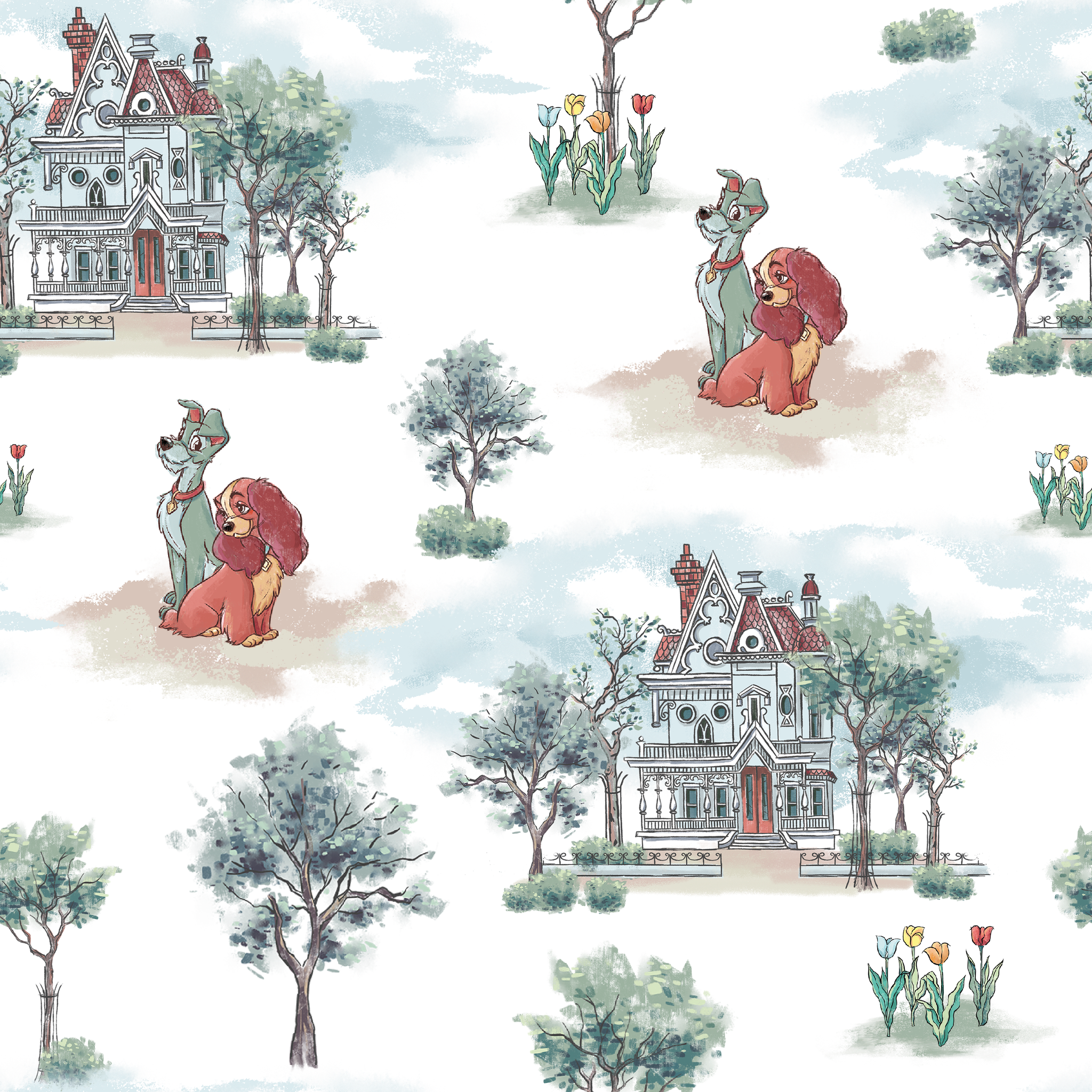 Repeating pattern with Victorian houses, small trees, and cartoon lions with red manes in a soft watercolor style tiled preview square