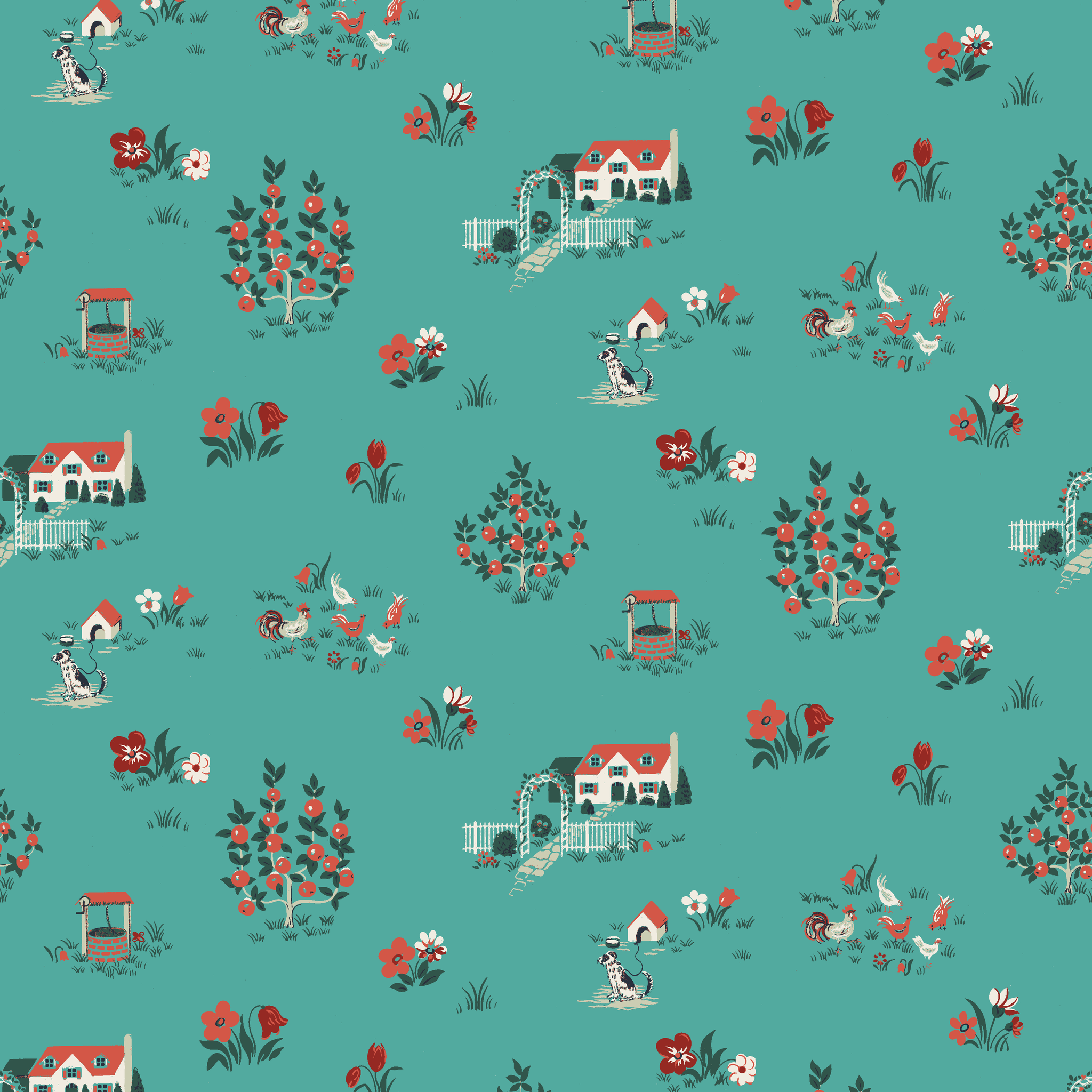 Teal background fabric with vintage cottages, flowers, chickens, and wells in a scattered countryside layout. tiled preview square