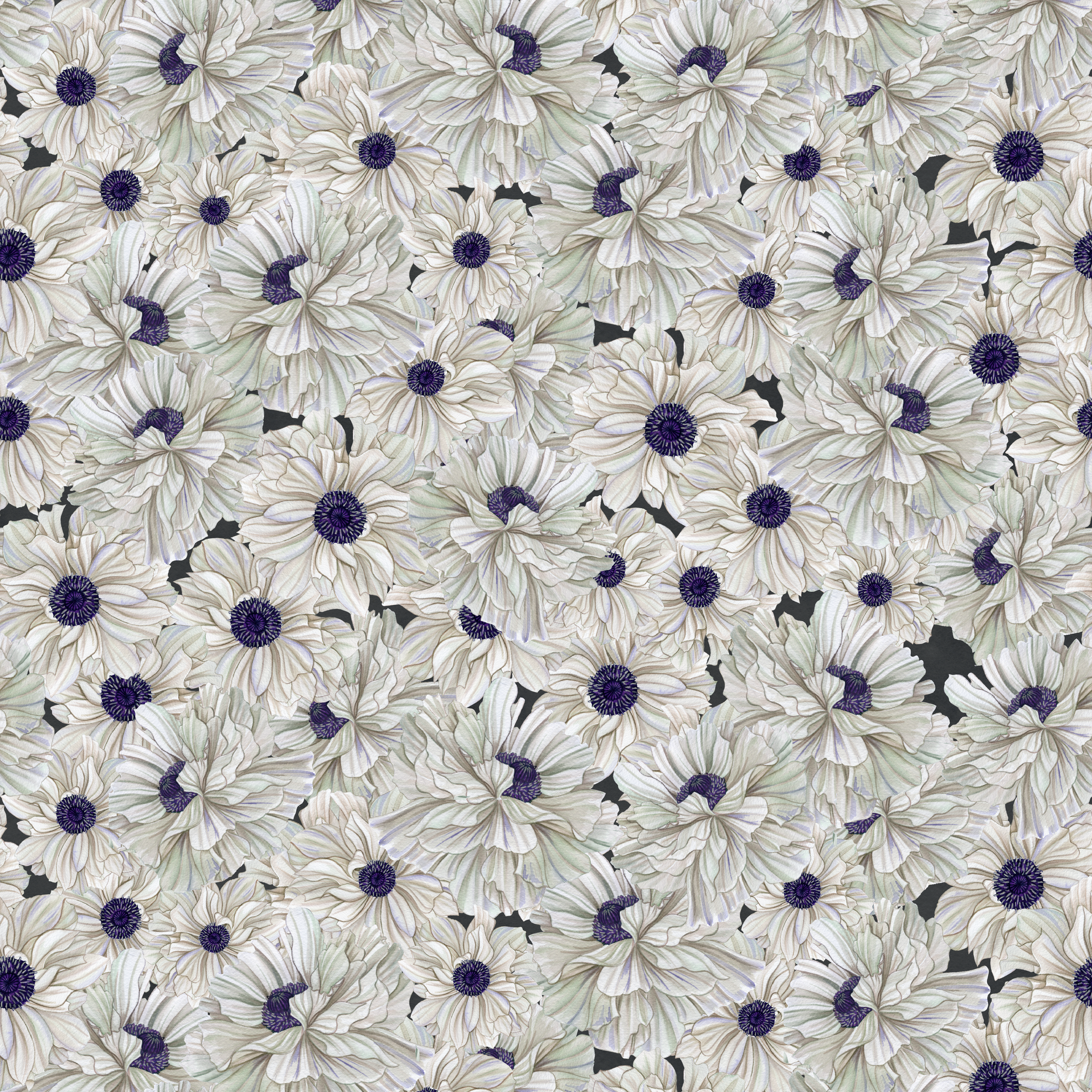 Ivory and indigo packed floral pattern with detailed petal textures and clustered blooms. tiled preview square