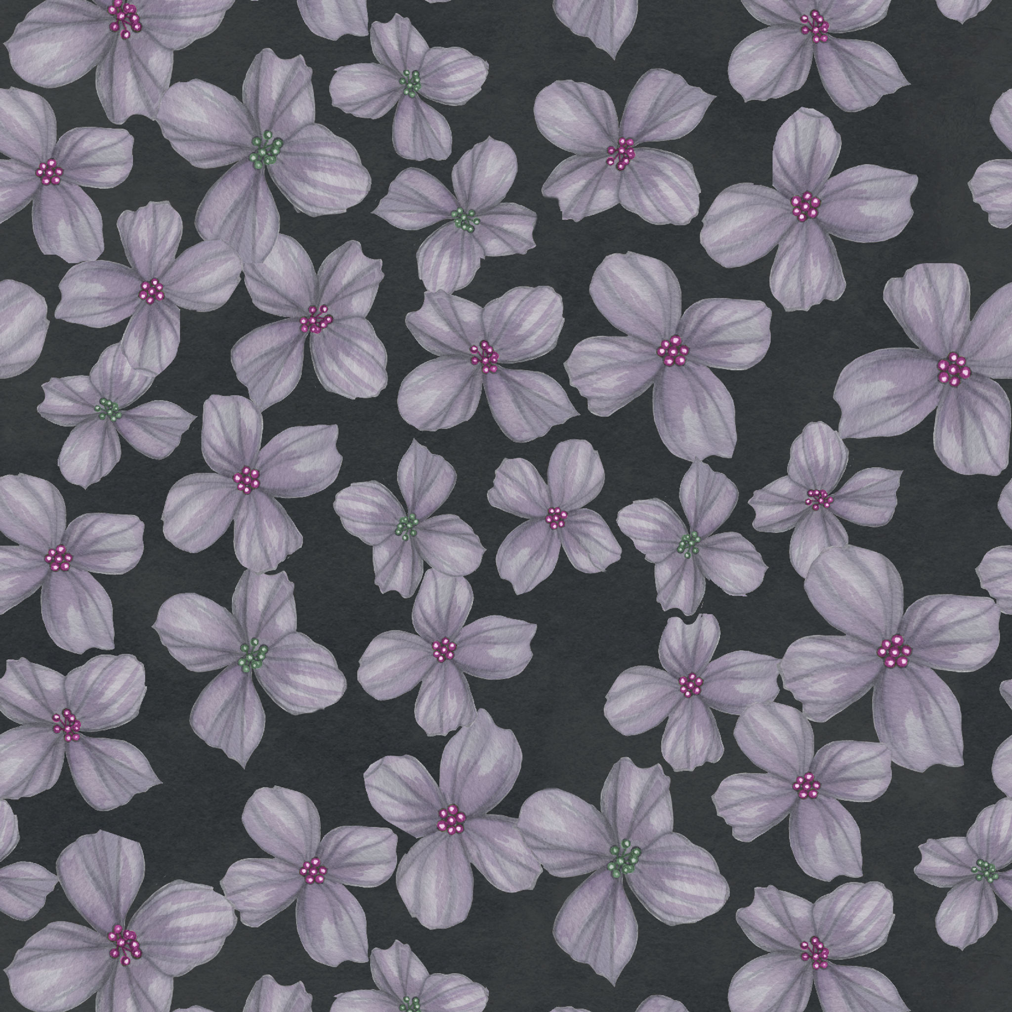 Hand-drawn purple flowers scattered on a charcoal background, designed by Nicole Tamarin. tiled preview square