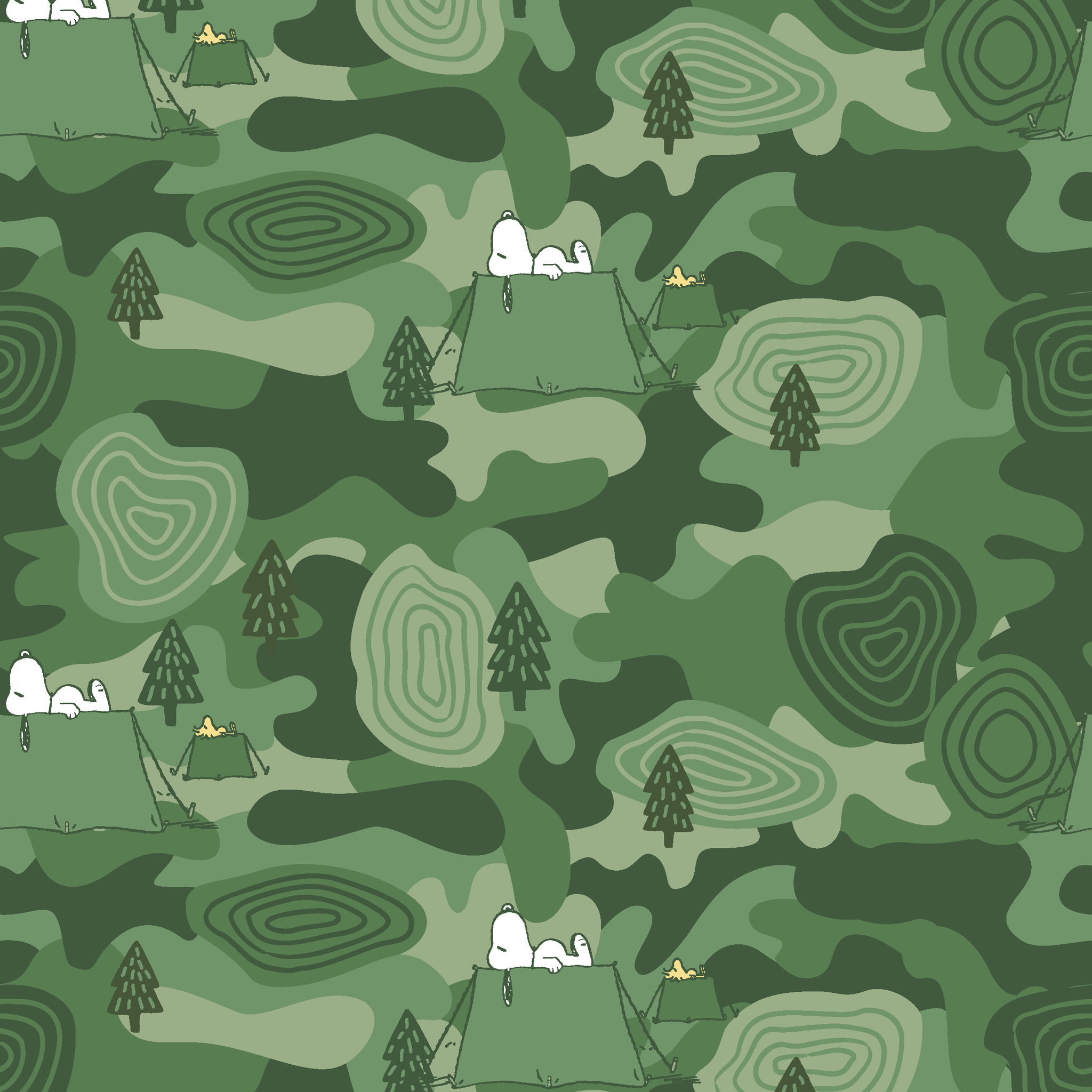 Snoopy camping scene with tents and trees on a green camouflage pattern background tiled preview square