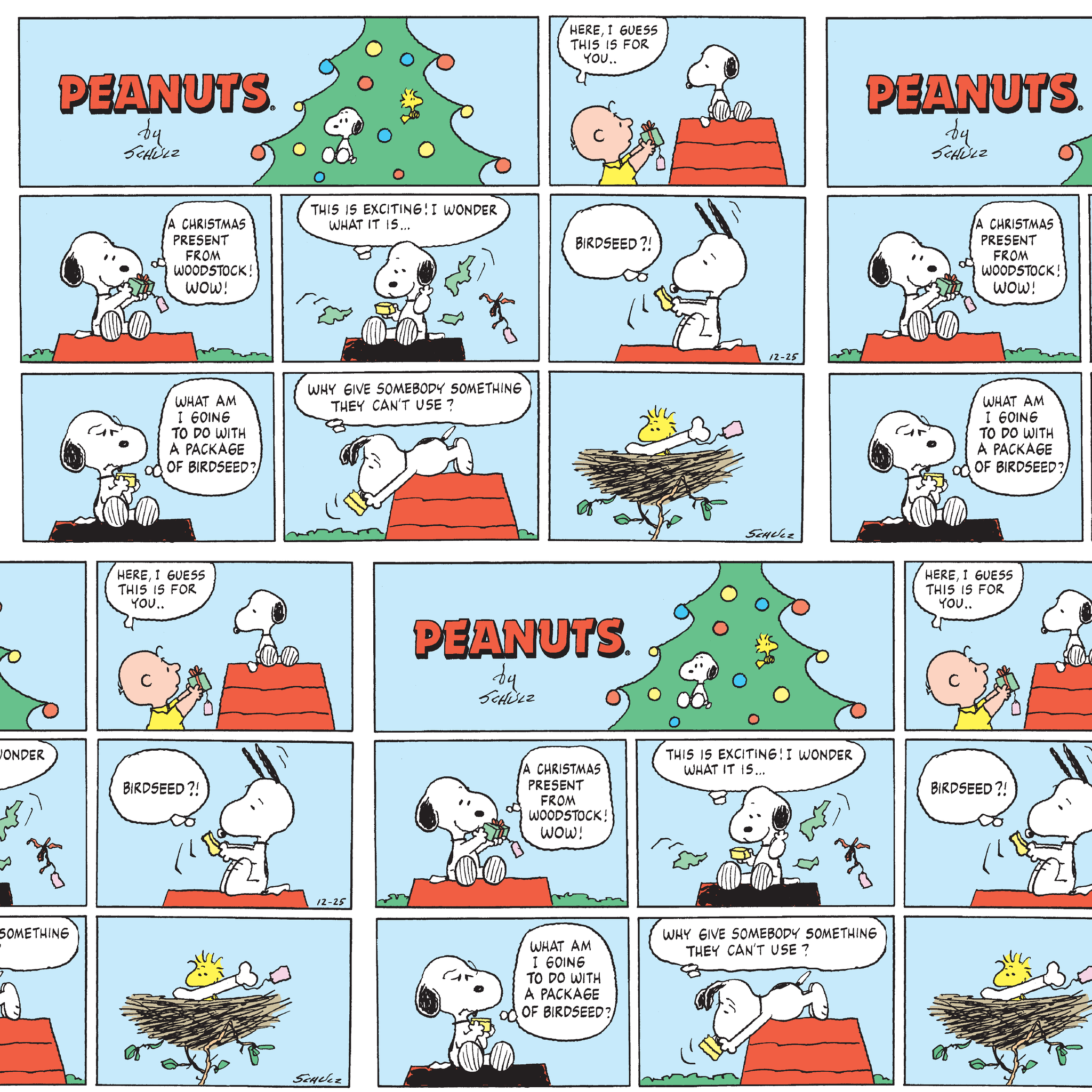This is a Peanuts comic strip featuring Snoopy on his red doghouse with a Christmas tree visible. The panels show Snoopy preparing and decorating his doghouse for the holidays, with his yellow bird friend Woodstock appearing in a nest with Christmas lights. tiled preview square