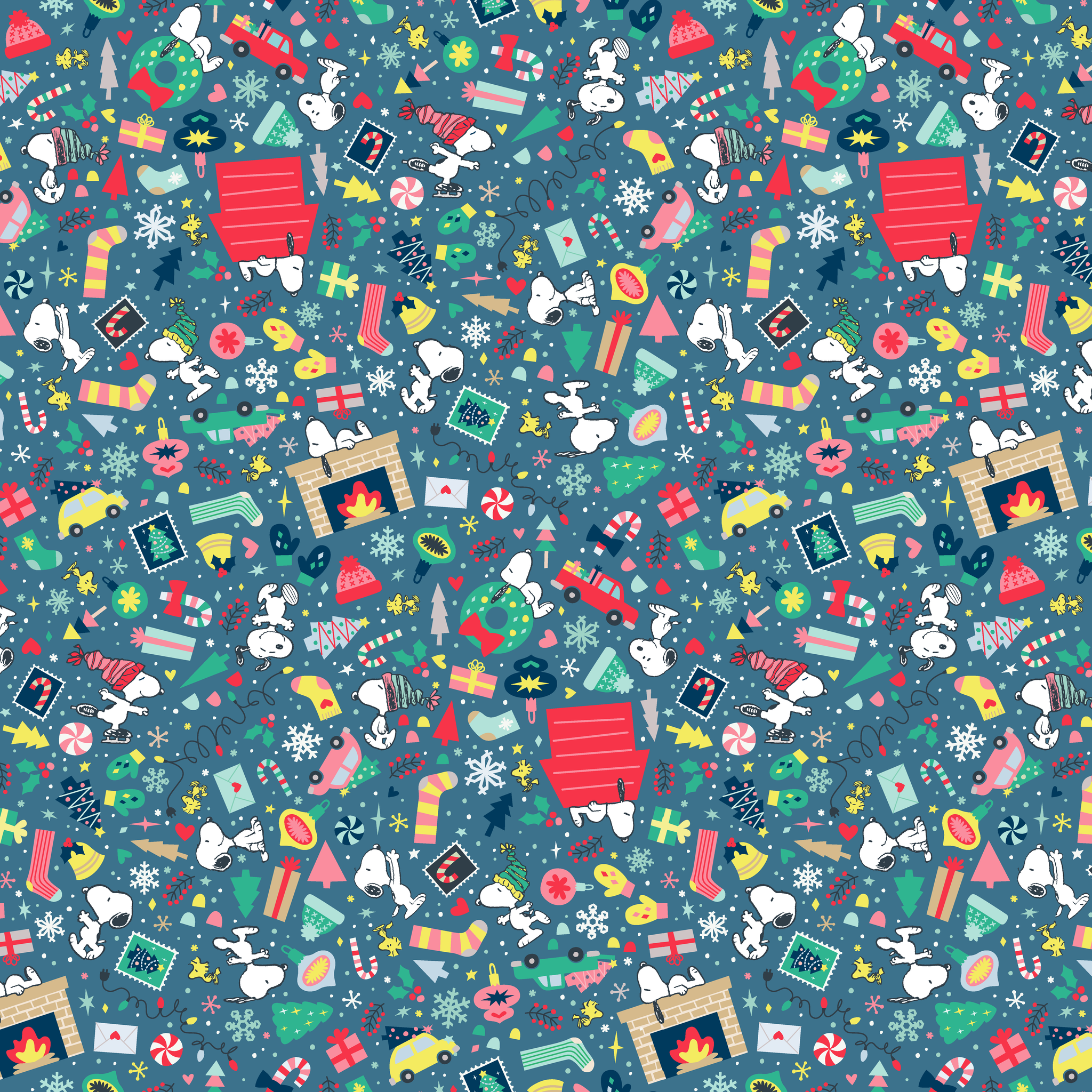Colorful Peanuts Christmas pattern with festive icons, red mailboxes, presents, houses, and holiday symbols on teal background tiled preview square