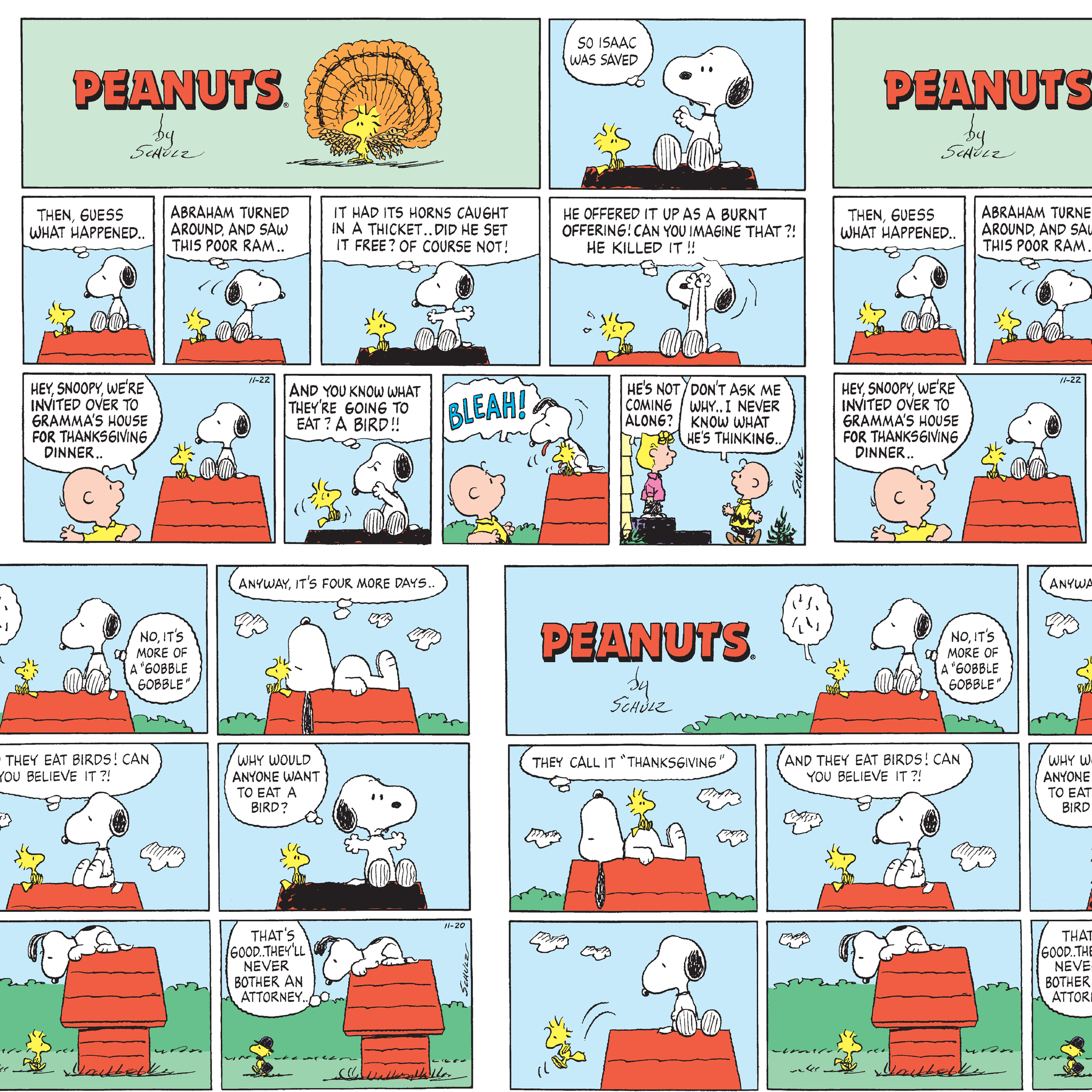 A Peanuts comic strip featuring Snoopy on his red doghouse, shown in multiple panels with Thanksgiving and food-related humor throughout the colorful Sunday format. tiled preview square