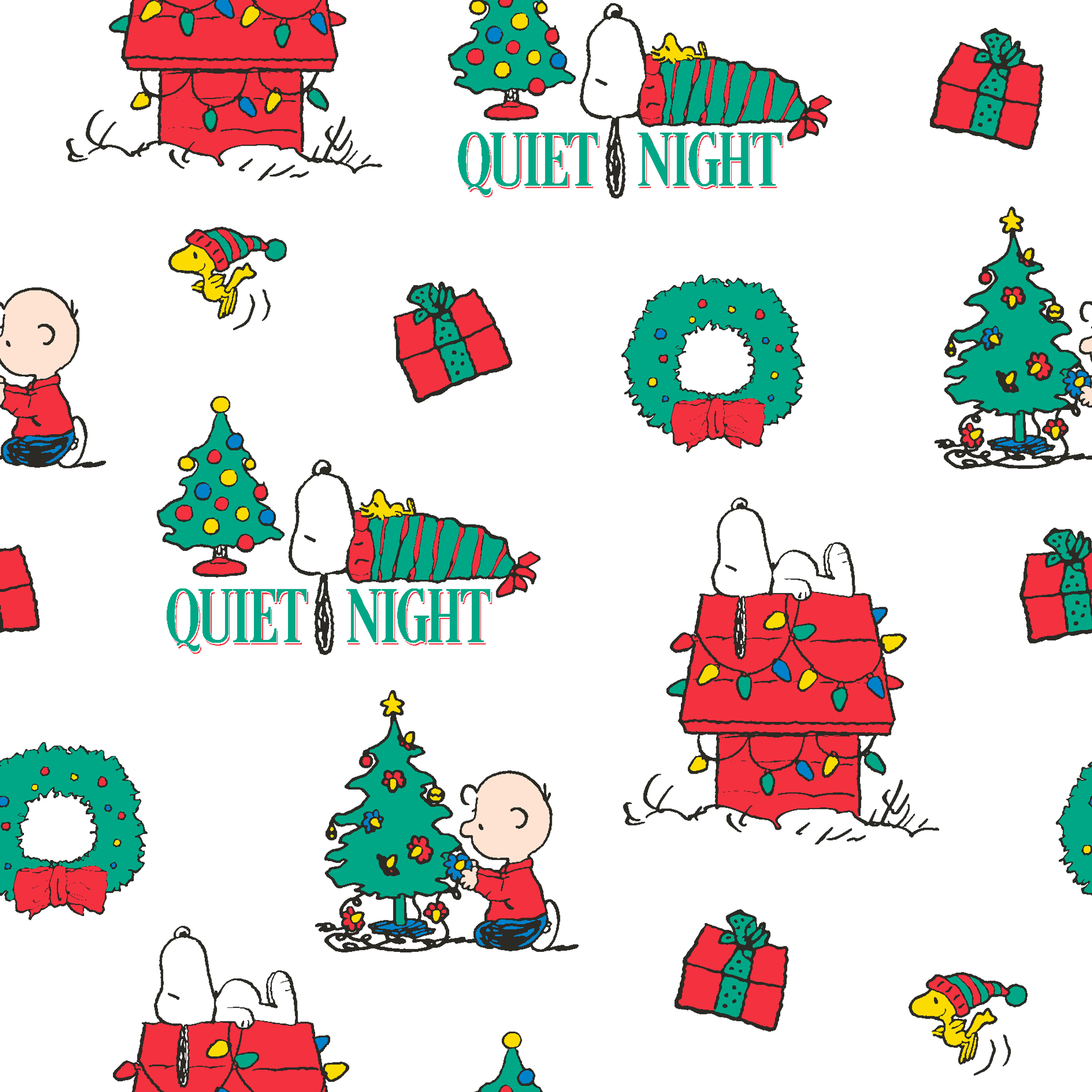 Peanuts Christmas pattern with Snoopy's decorated doghouse, trees, wreaths, and "Quiet Night" text tiled preview square