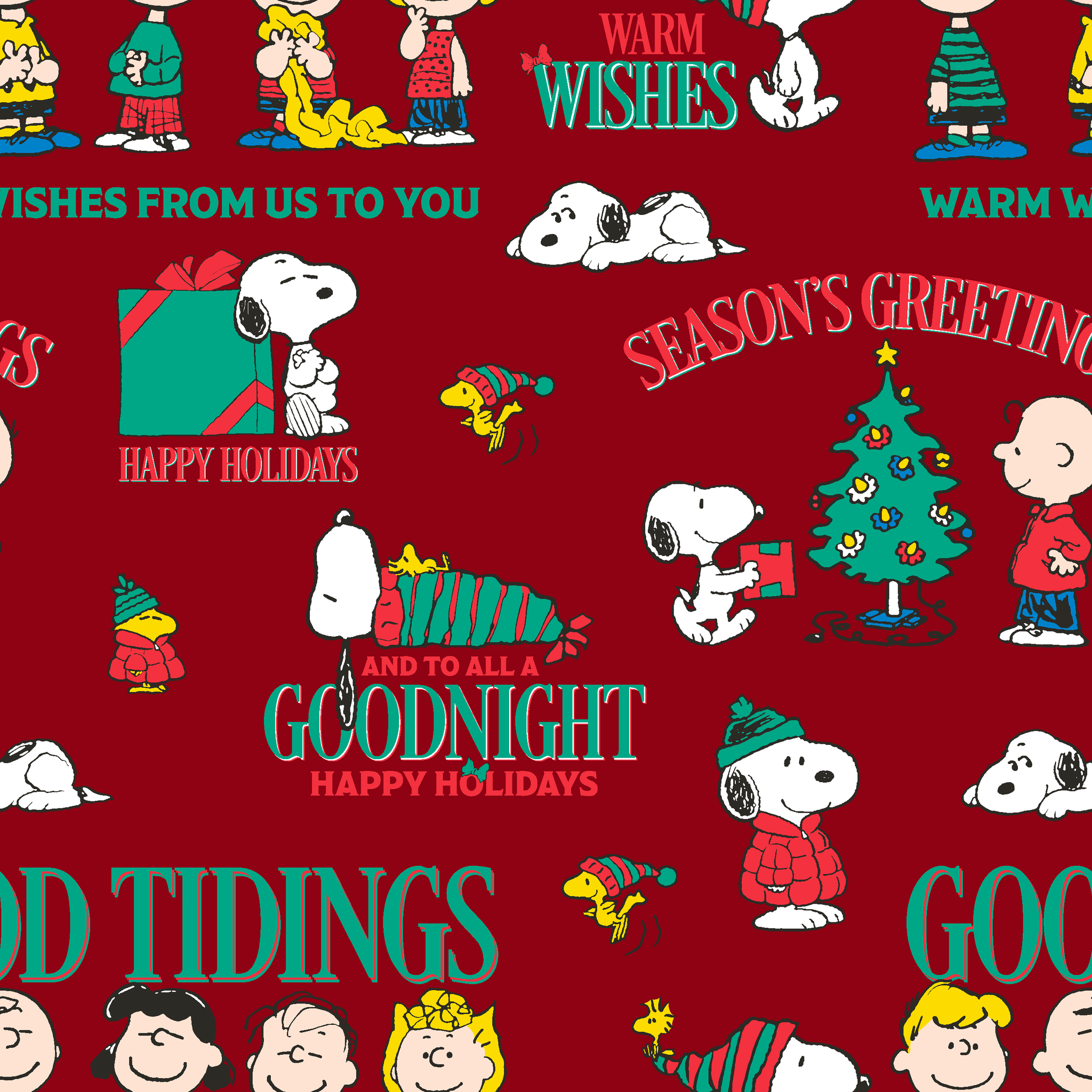 Colorful Peanuts Christmas pattern with Snoopy, Woodstock, and friends with holiday phrases on red background tiled preview square