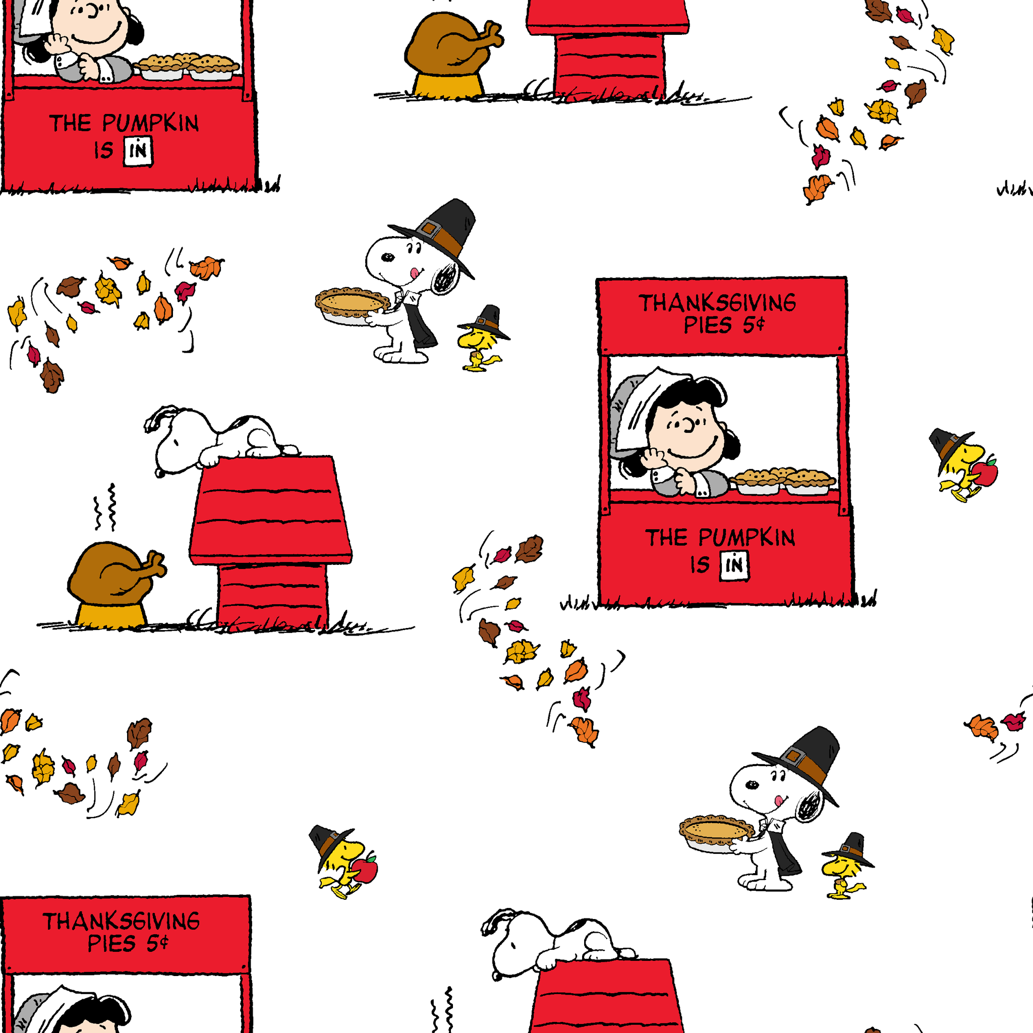 Peanuts Thanksgiving pattern with Snoopy, red booths, doghouses, and falling autumn leaves on white background tiled preview square
