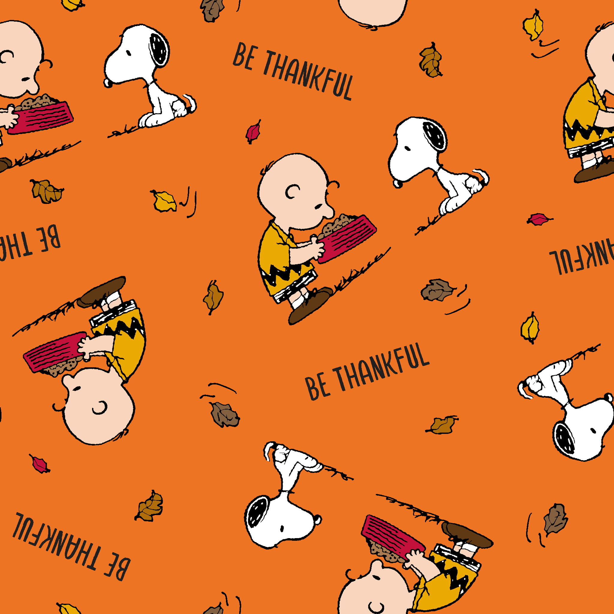 Peanuts characters on orange background with autumn leaves and "Be Thankful" text pattern tiled preview square