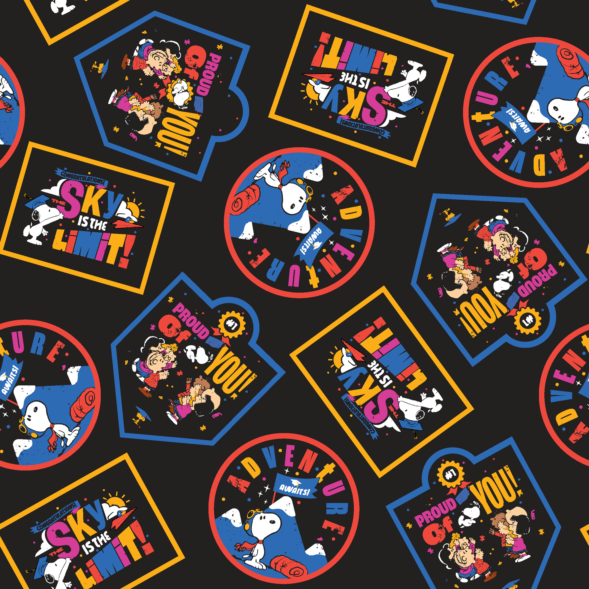 Colorful Peanuts character patches in various shapes on black background, featuring animated figures in vibrant colors tiled preview square