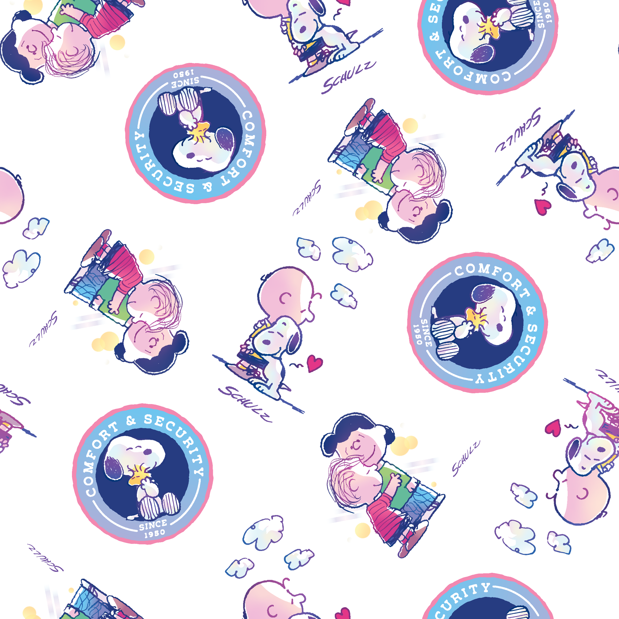 Peanuts cartoon pattern with Snoopy in blue circles and Charlie Brown with books on white background tiled preview square