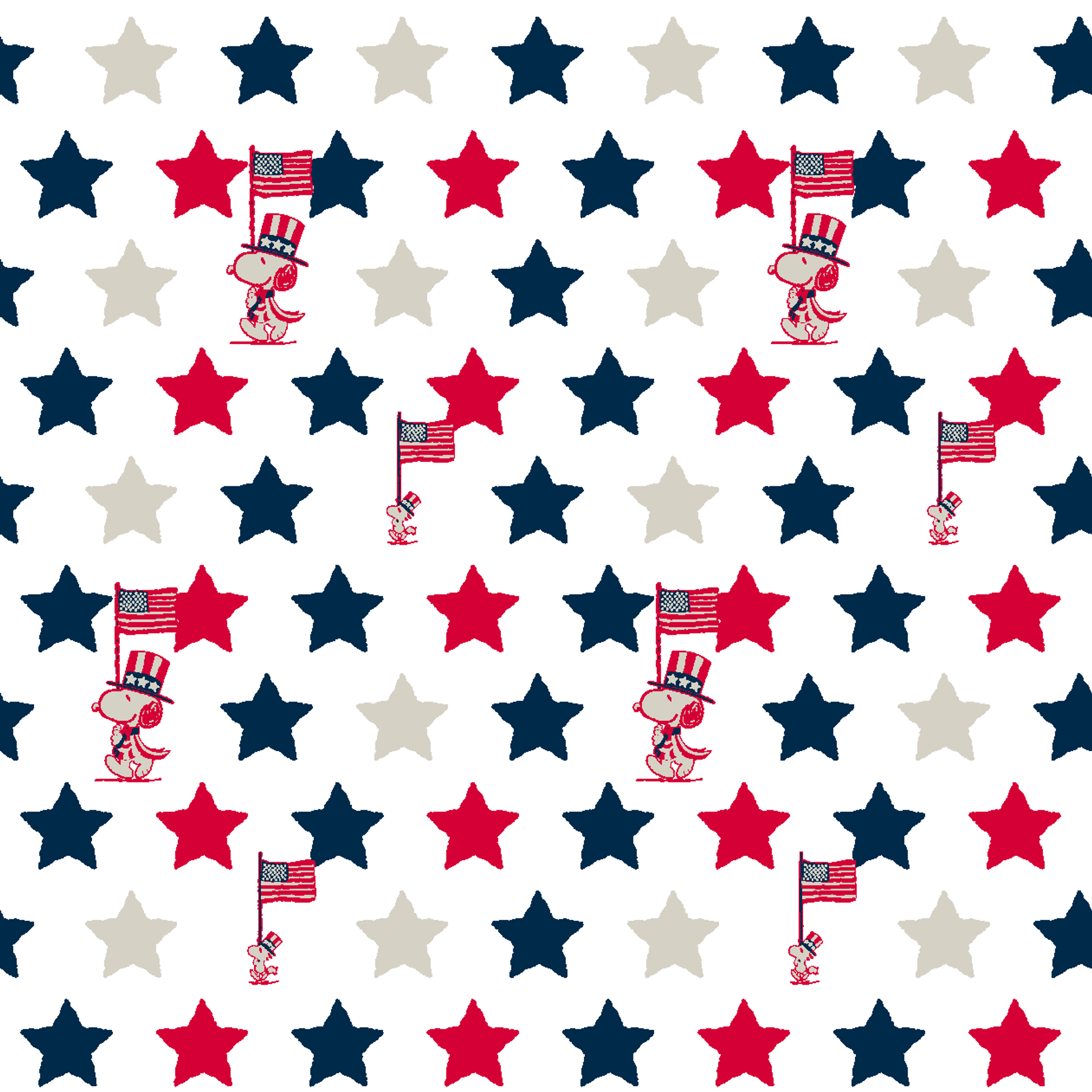 Peanuts Patriotic pattern with red, white, and blue stars alongside American flag poles on white background tiled preview square