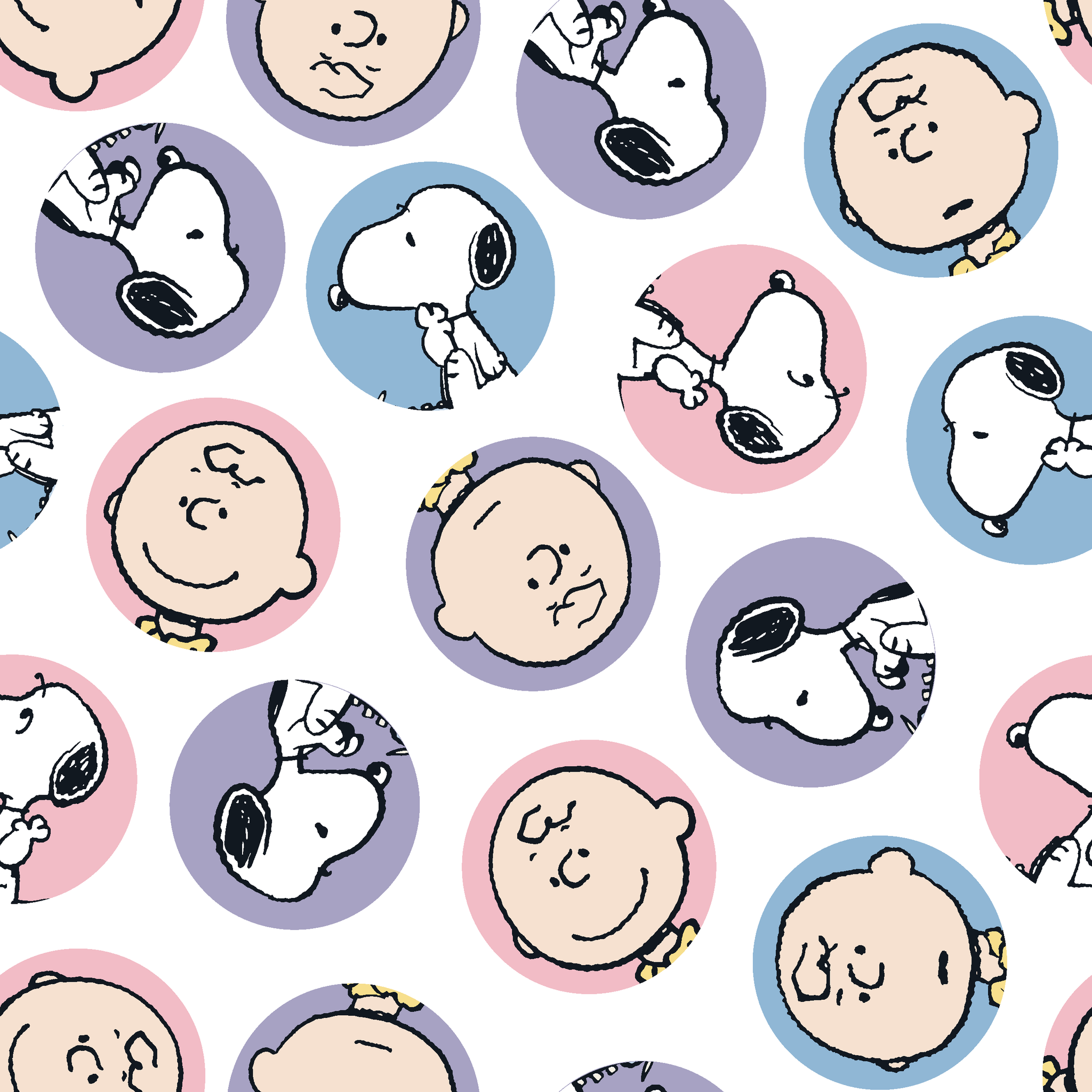 Peanuts cartoon pattern with Charlie Brown and Snoopy circular portraits in pink, blue and purple tiled preview square