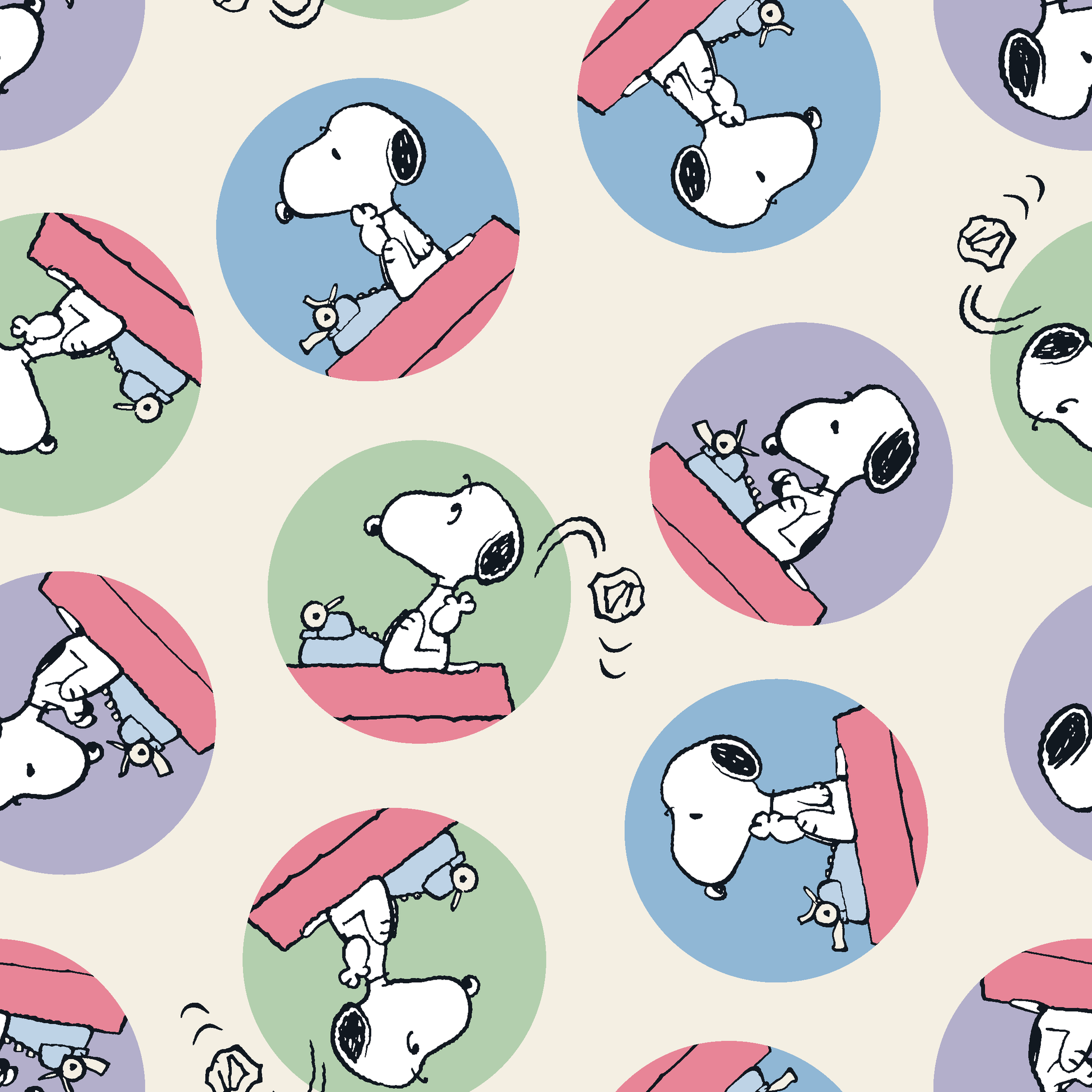 Cartoon Snoopy pattern with the beagle character in circular frames of blue, green, and purple backgrounds tiled preview square
