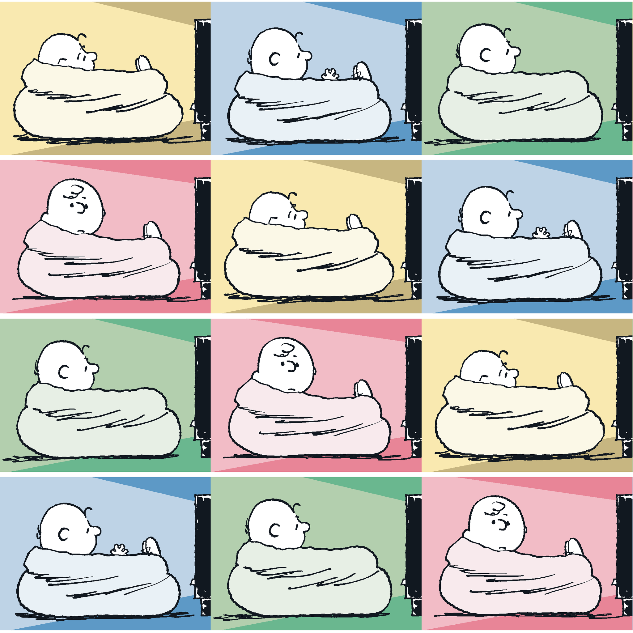 Charlie Brown resting on a white bed/nest in a grid of 12 colorful panels with pastel backgrounds. tiled preview square