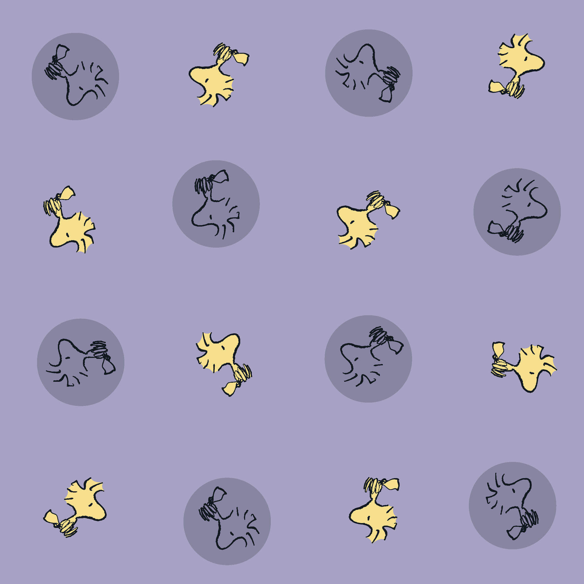 Woodstock alternating with gray circular silhouettes on purple background tiled preview square