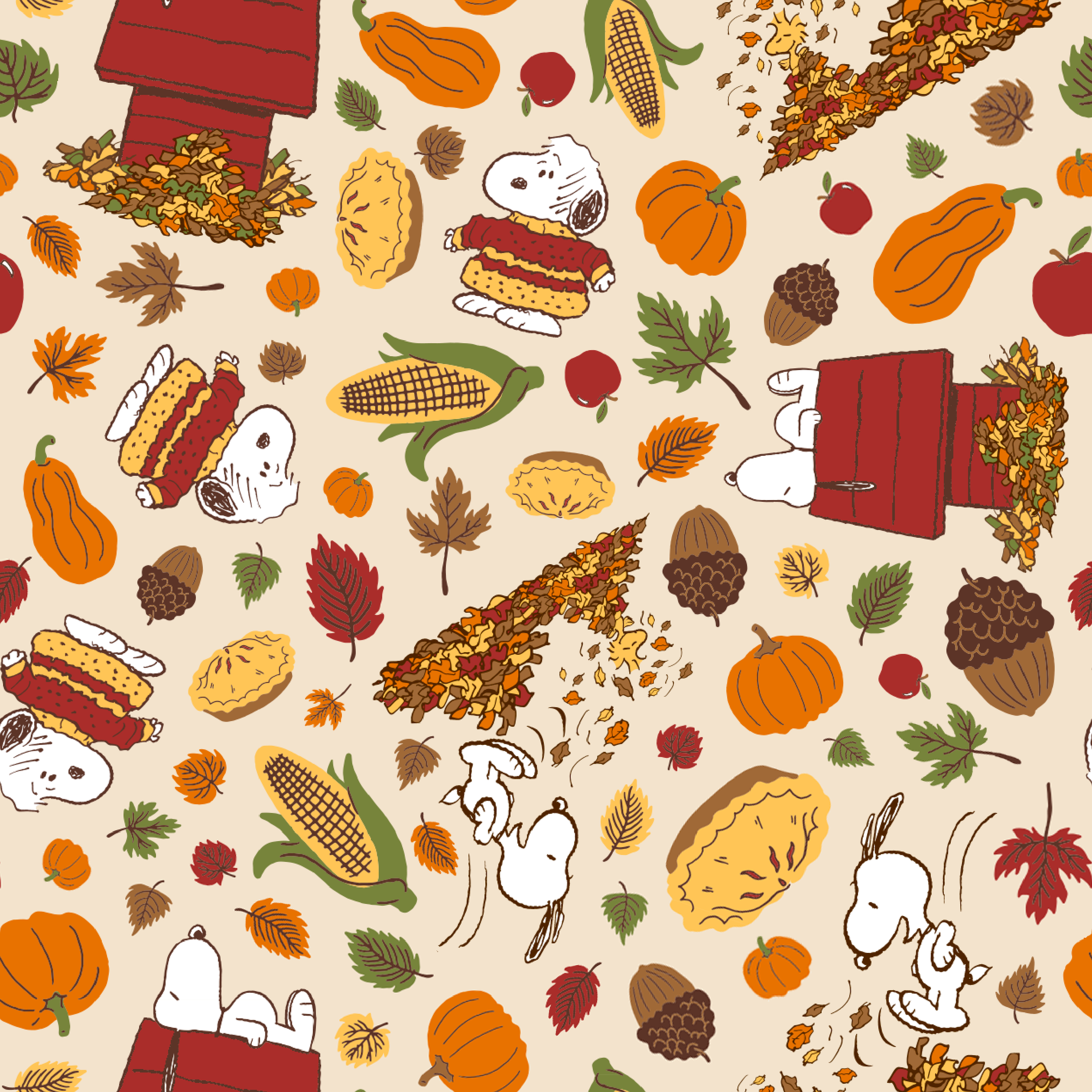 Fall themed pattern with Snoopy, red doghouses, pumpkins, corn, sandwiches, and autumn leaves on cream background tiled preview square