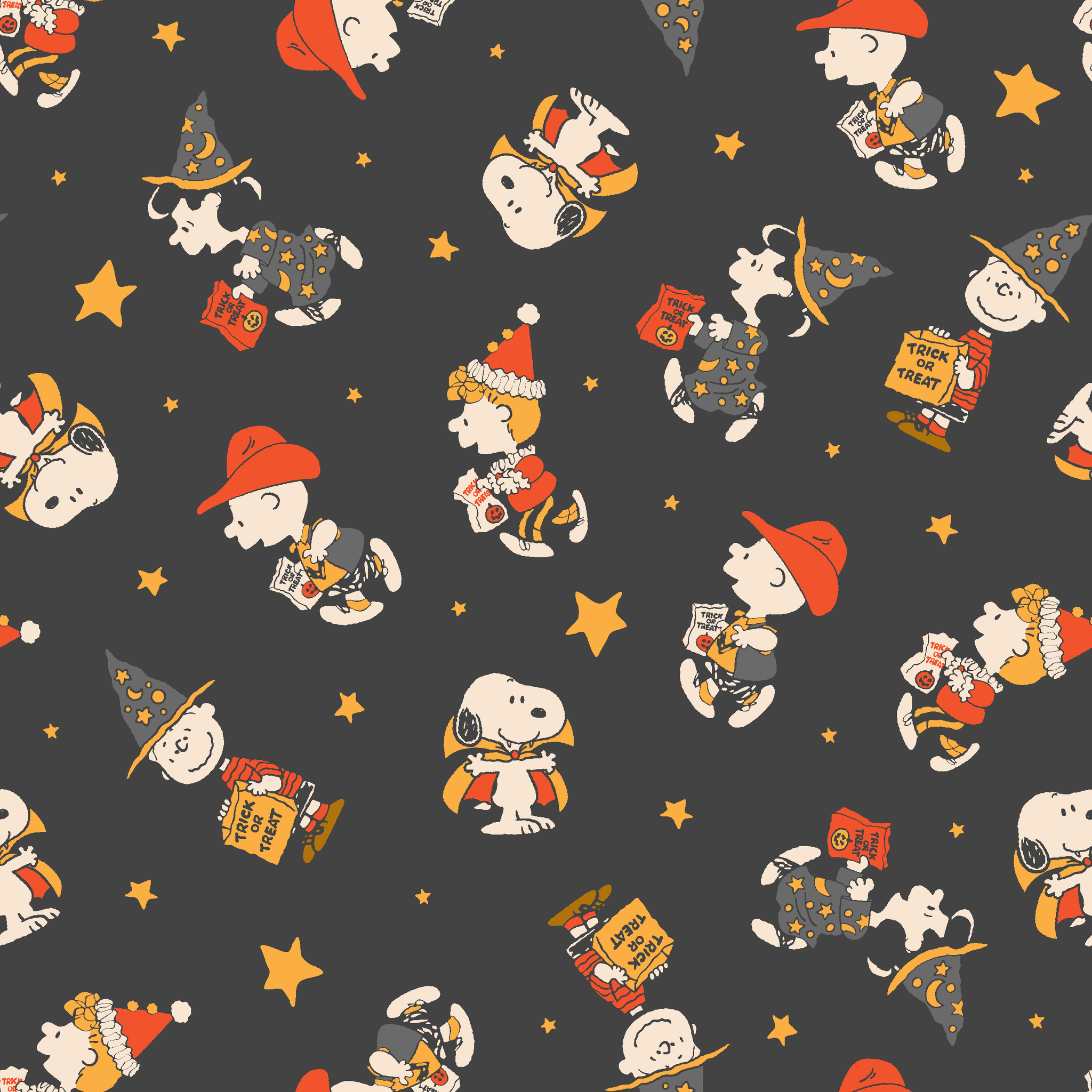 Snoopy cartoon pattern on dark gray background with characters in Halloween costumes and golden stars tiled preview square