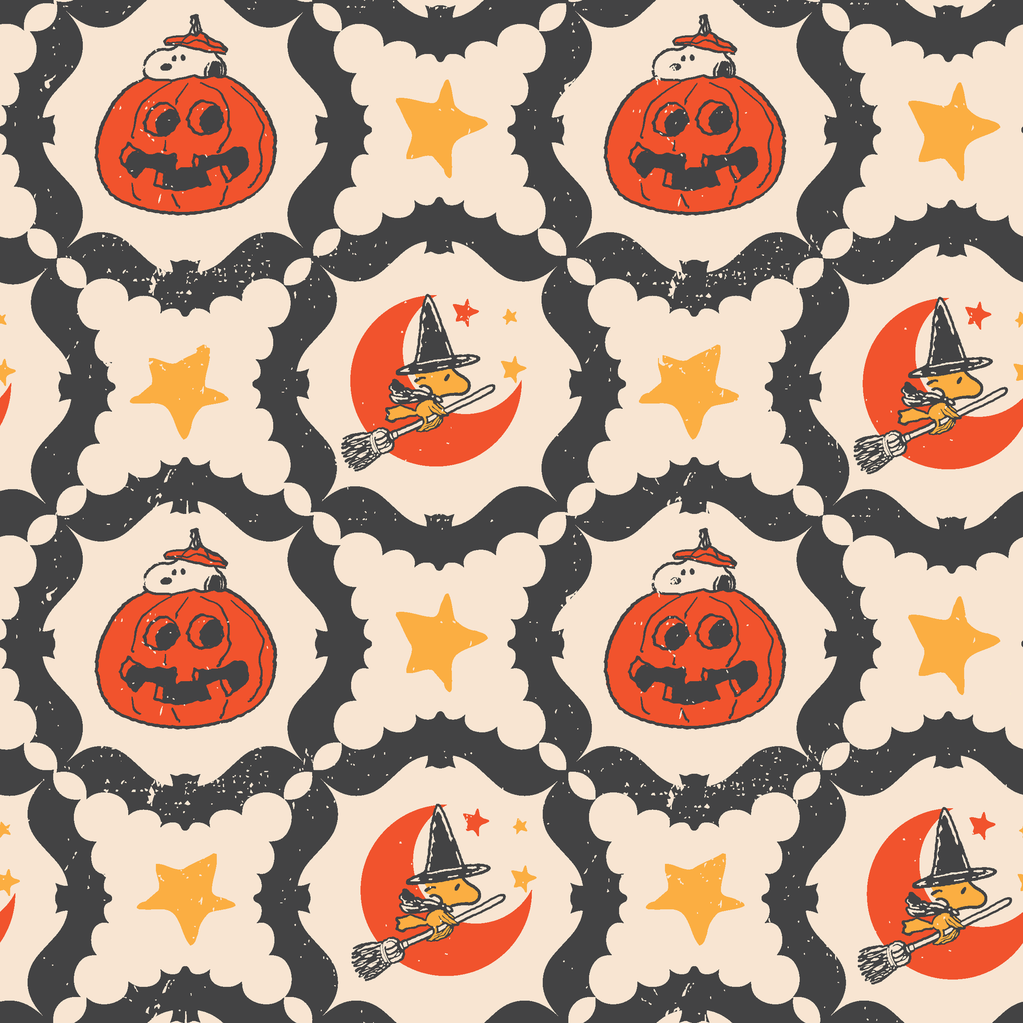 Peanuts Halloween pattern with orange jack-o'-lanterns, crescent moons with witch hats, yellow stars, and black bat borders on cream background tiled preview square