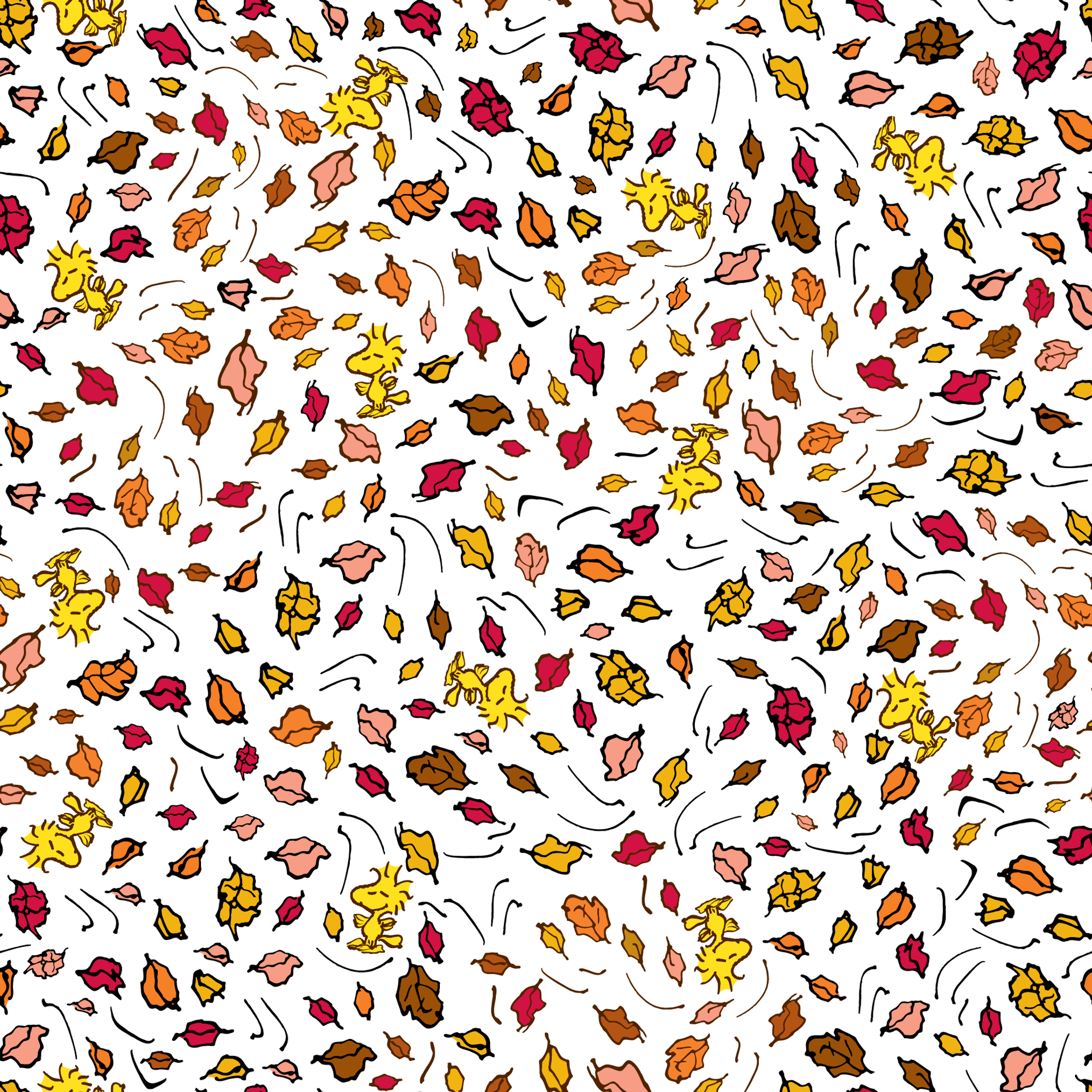 Colorful Peanuts autumn leaves pattern with Woodstock and yellow, red, and brown foliage scattered on white background tiled preview square