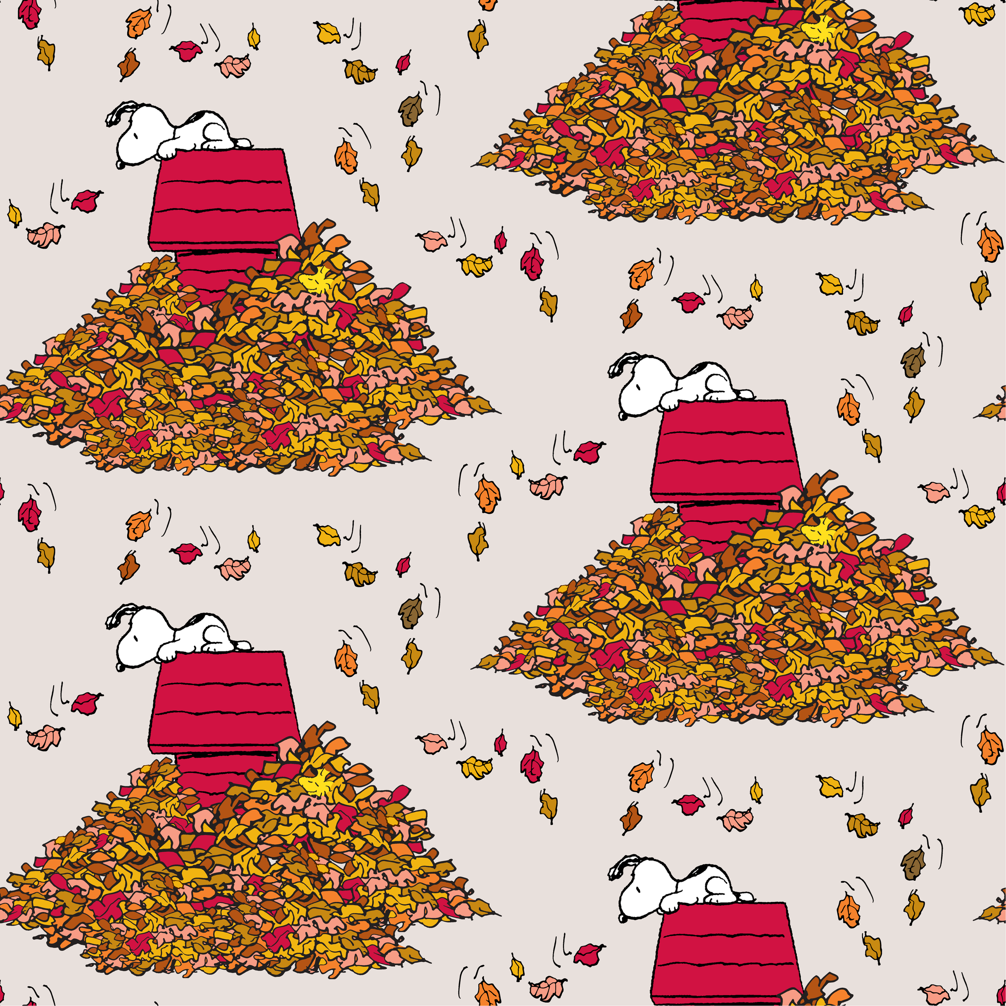 Snoopy and red doghouse on colorful autumn leaf piles with falling leaves pattern on beige background tiled preview square