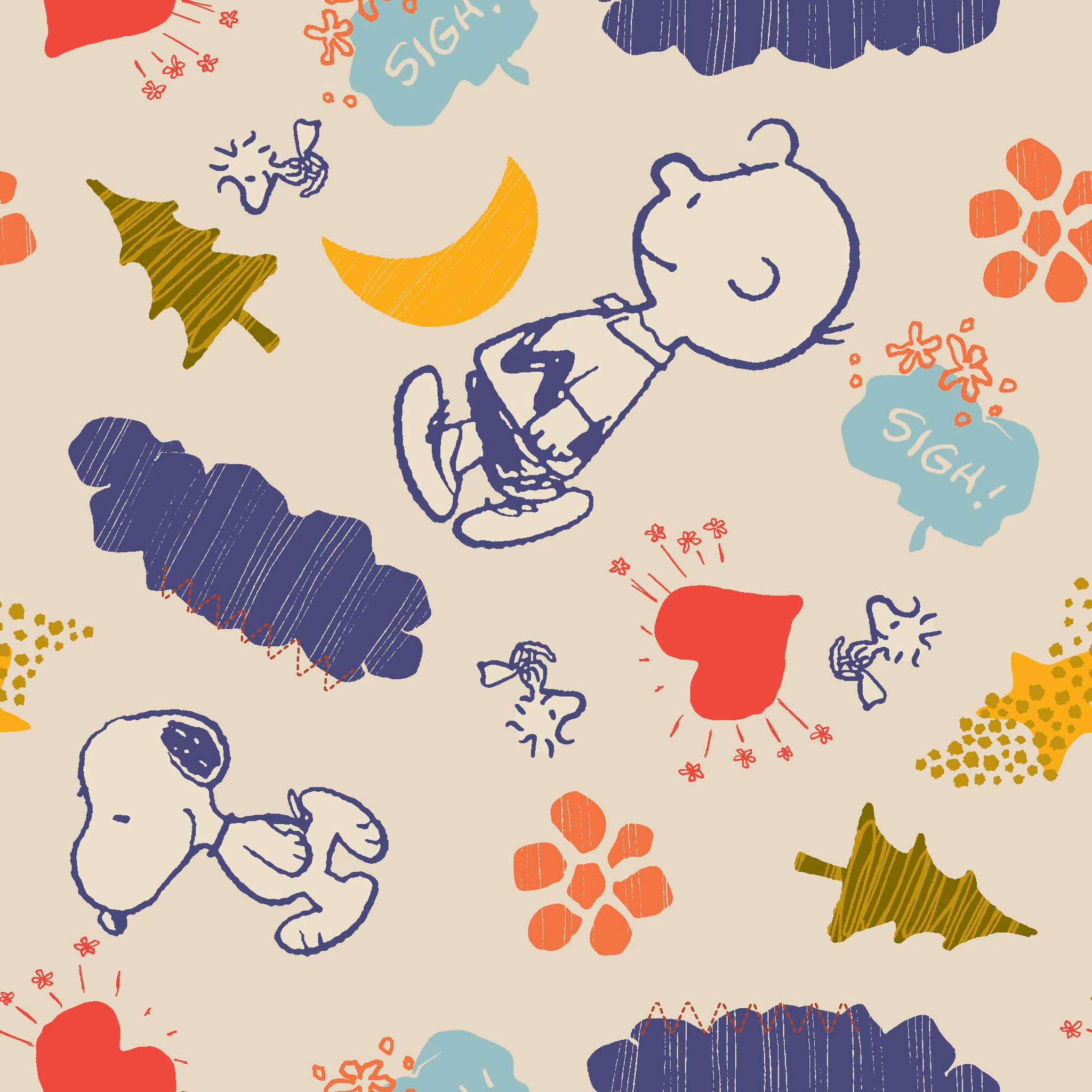 Whimsical Peanuts pattern with trees, clouds, moon, and birds in blue, red, green, and yellow on cream background. tiled preview square