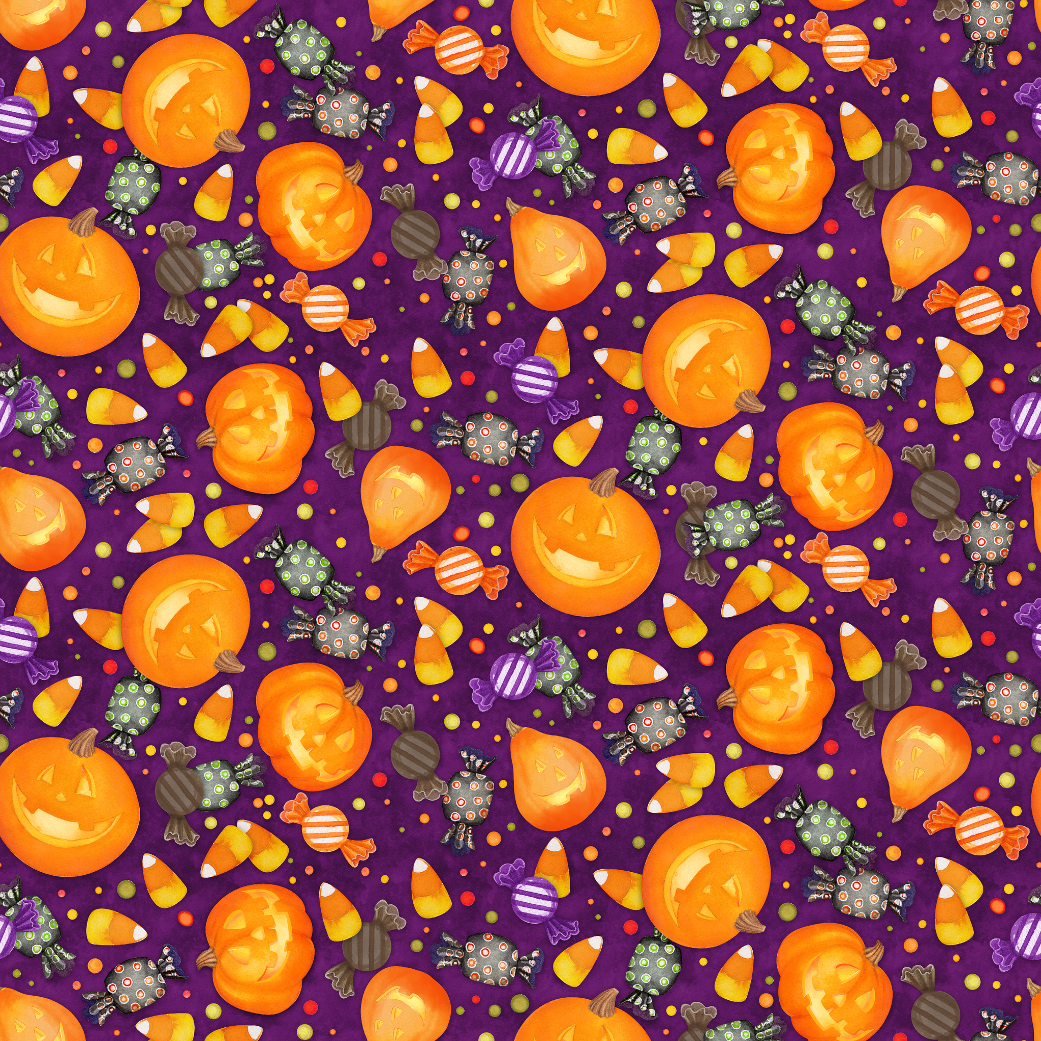 Playful Halloween fabric design by Nicole Tamarin featuring smiling jack-o’-lanterns, wrapped candies, and candy corn scattered across a purple background. tiled preview square