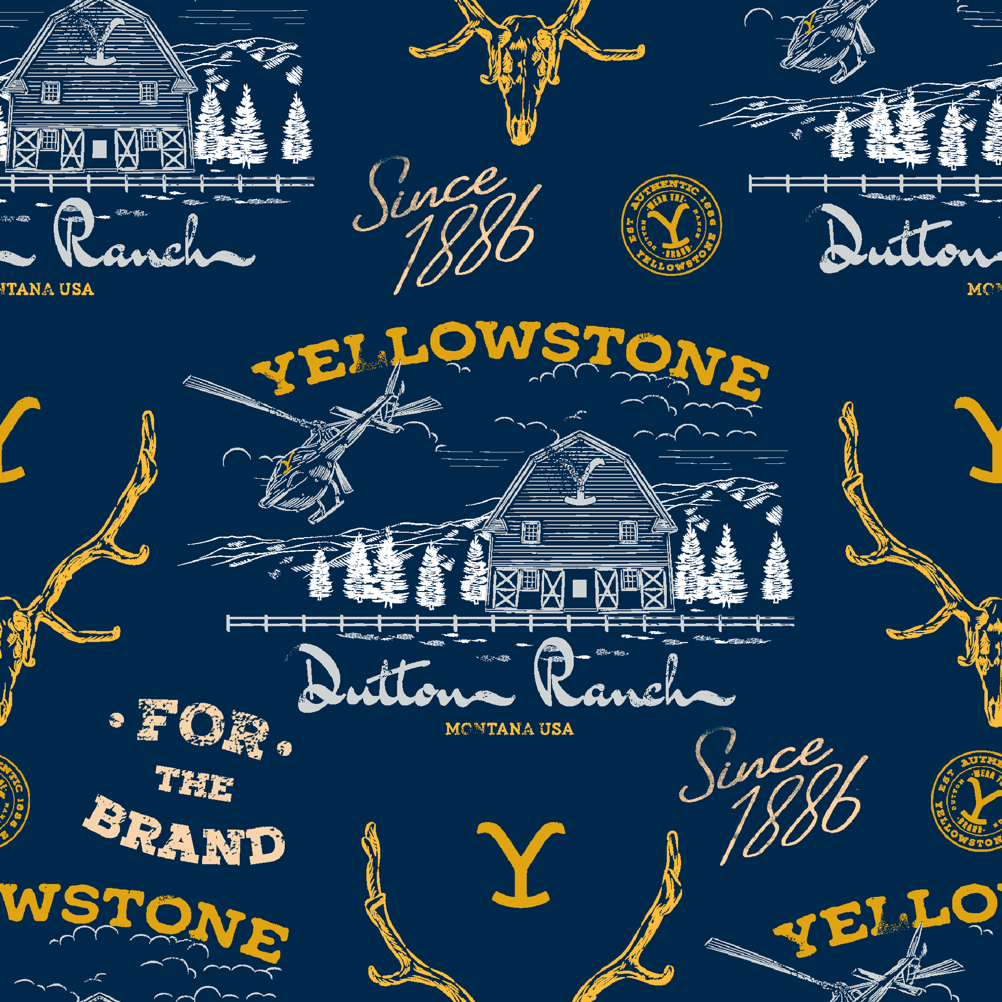Yellowstone-themed pattern with Dutton Ranch logos, deer antlers, and "Y" branding on navy blue background tiled preview square