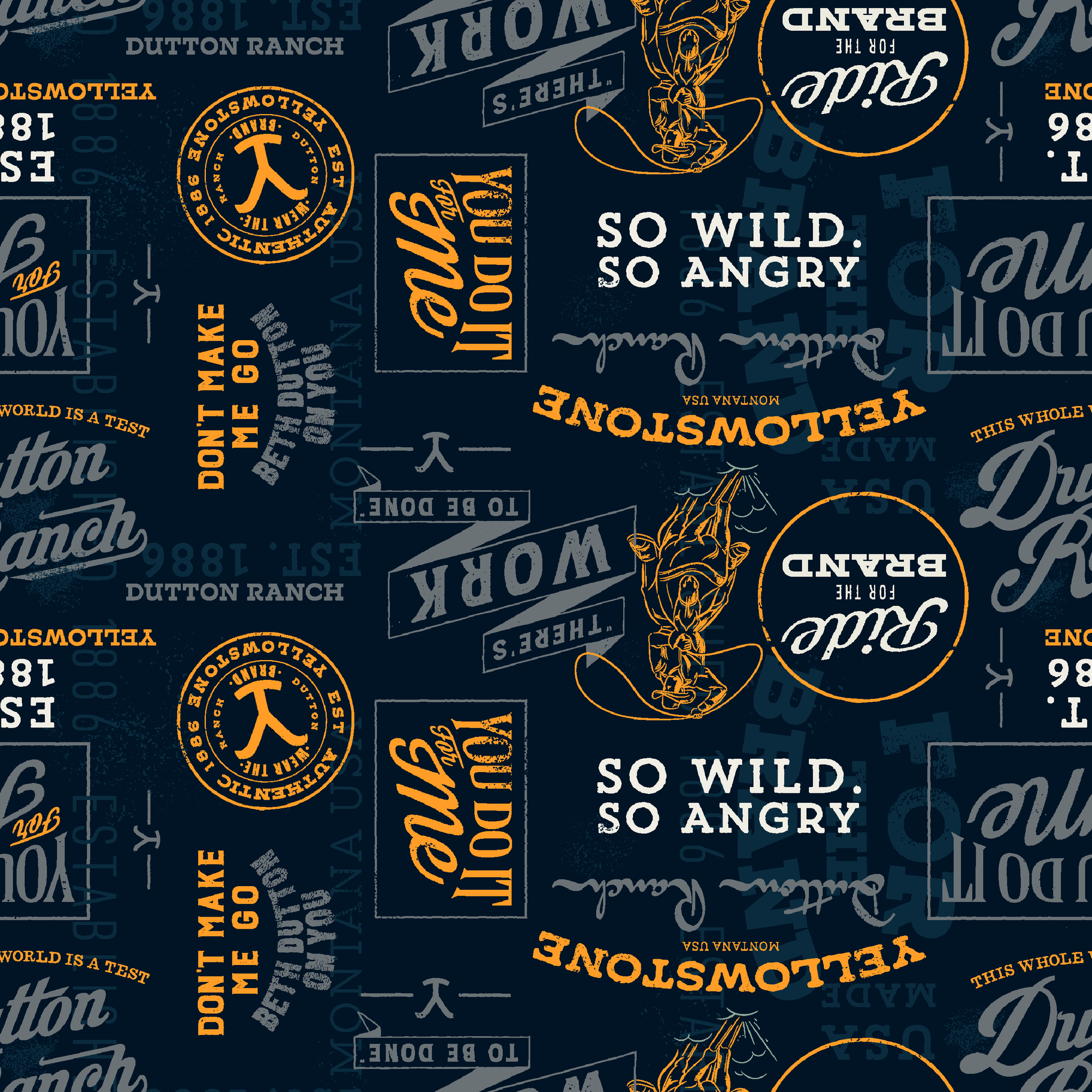 Yellowstone patch design with distressed western typography and quotes in gold and ivory on a black background. tiled preview square