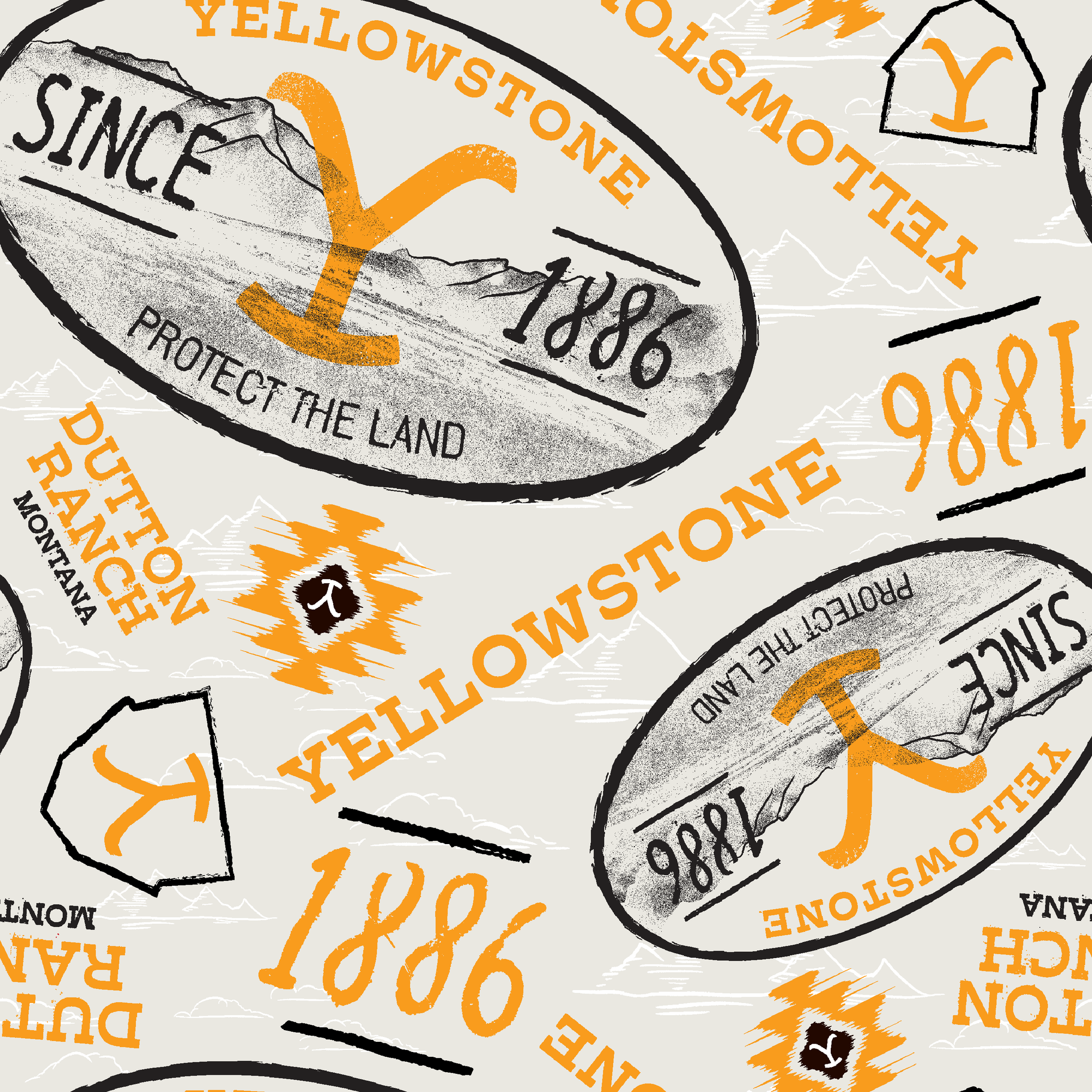 Yellowstone-themed design with black and gold badge graphics, “Protect the Land” text, and Dutton Ranch icons on a cream background. tiled preview square