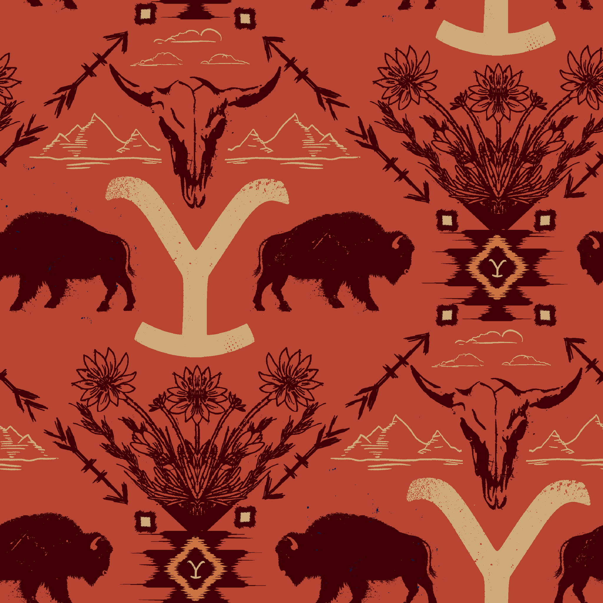 Terracotta and burgundy Yellowstone design with buffalo, skulls, wildflowers, and Western motifs. tiled preview square