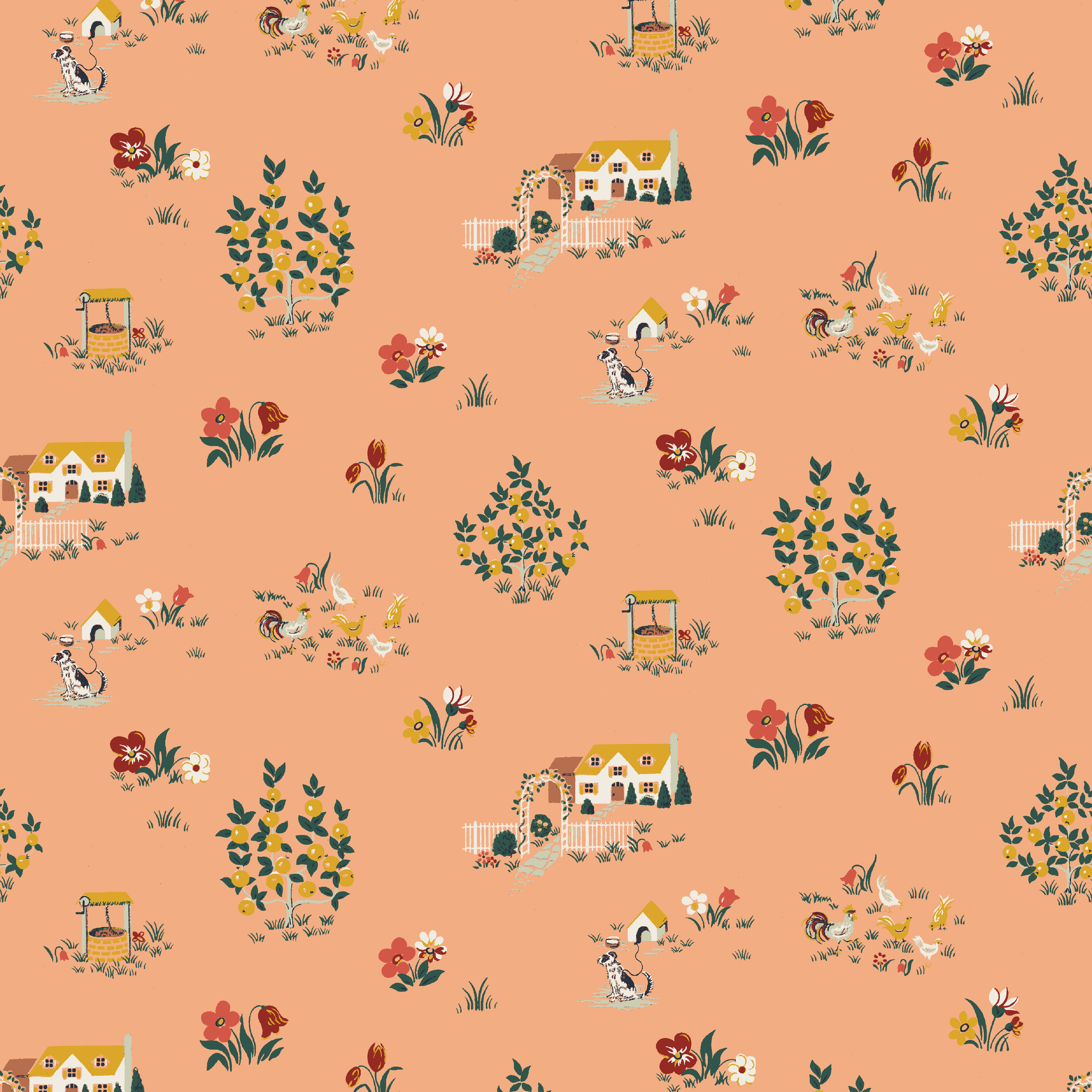 Vintage cottage scene design with houses, flowers, and animals on a peach background from the Springs Archive tiled preview square