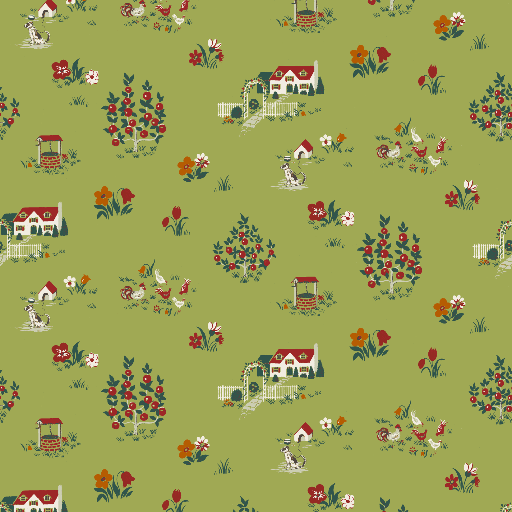 Scenic cottage garden design with vintage houses, flowers, and animals on olive green tiled preview square