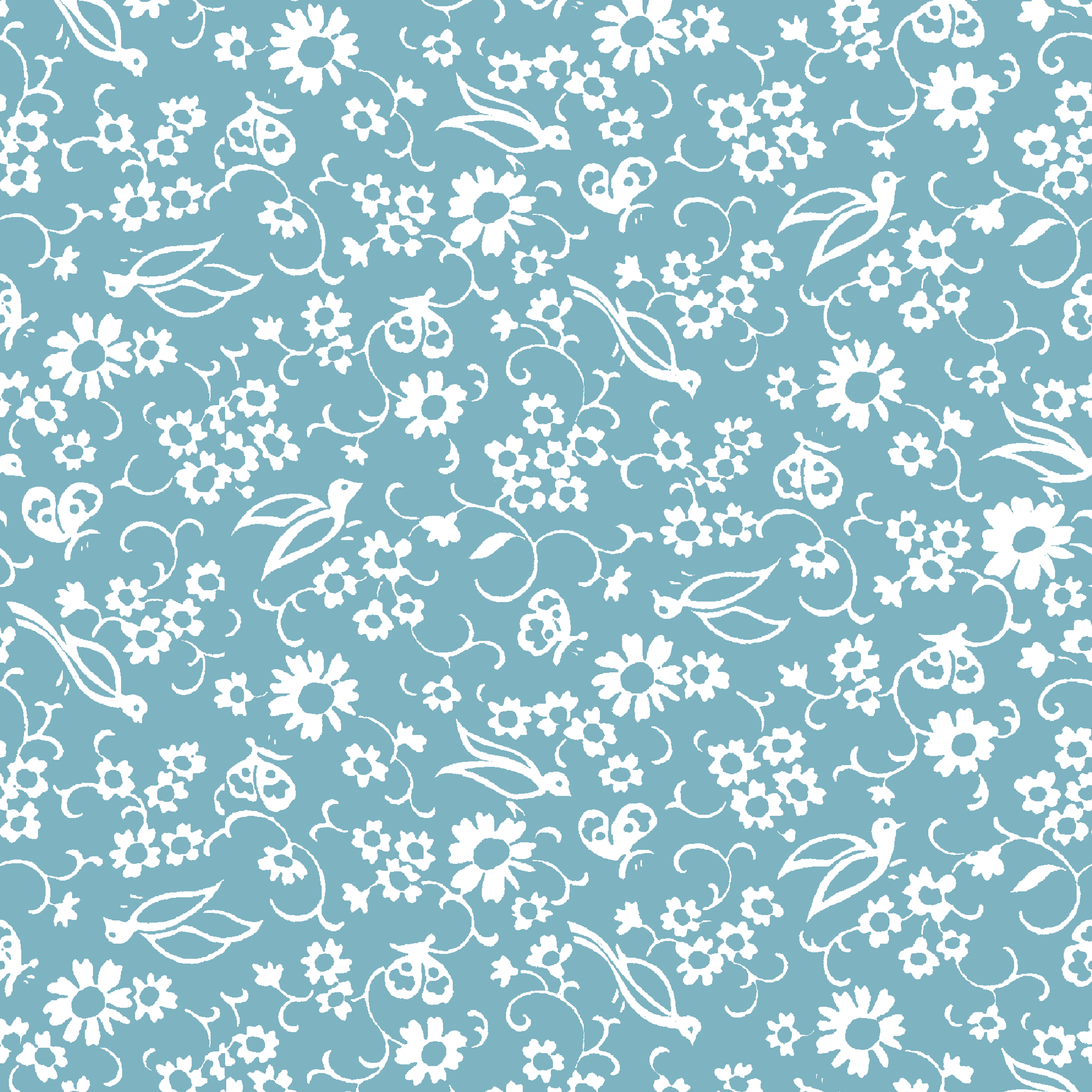 White vintage-style bird and floral silhouettes on a dusty blue background. tiled preview square