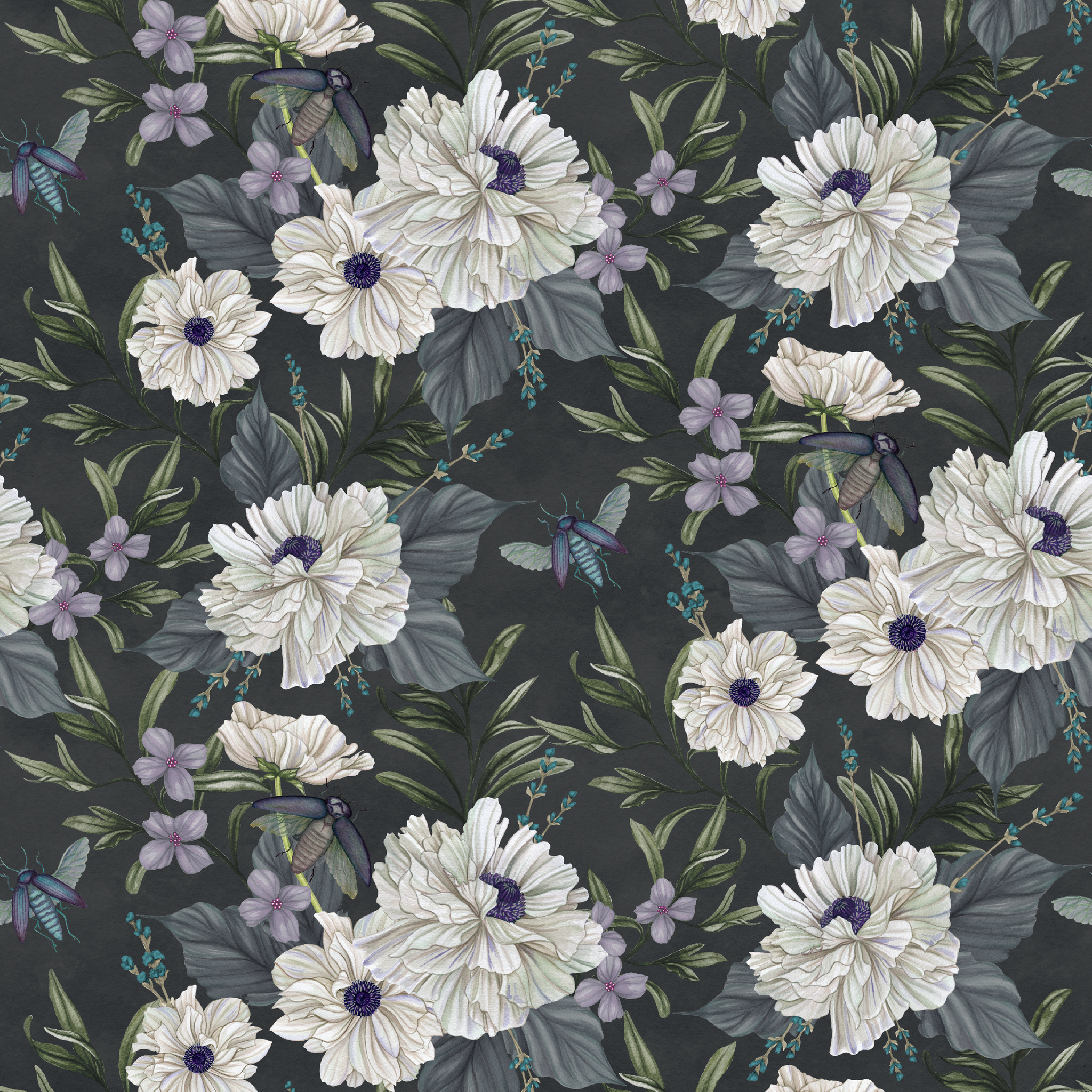 Ivory flowers with purple centers, beetles, and greenery illustrated on a dark charcoal background in a floral pattern by Nicole Tamarin. tiled preview square