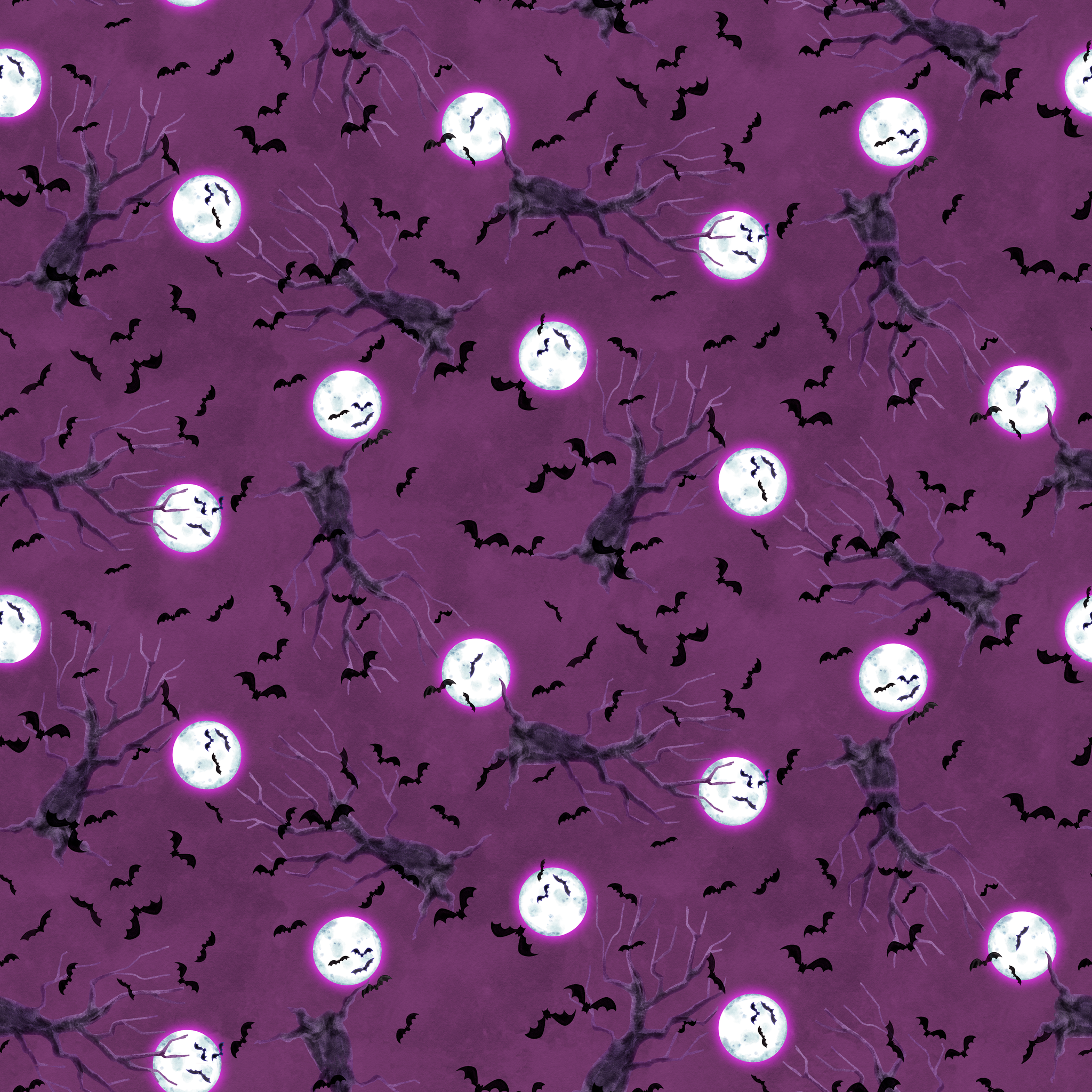 Halloween fabric design with spooky trees, bats, and glowing full moons on a purple background, illustrated by Nicole Tamarin. tiled preview square