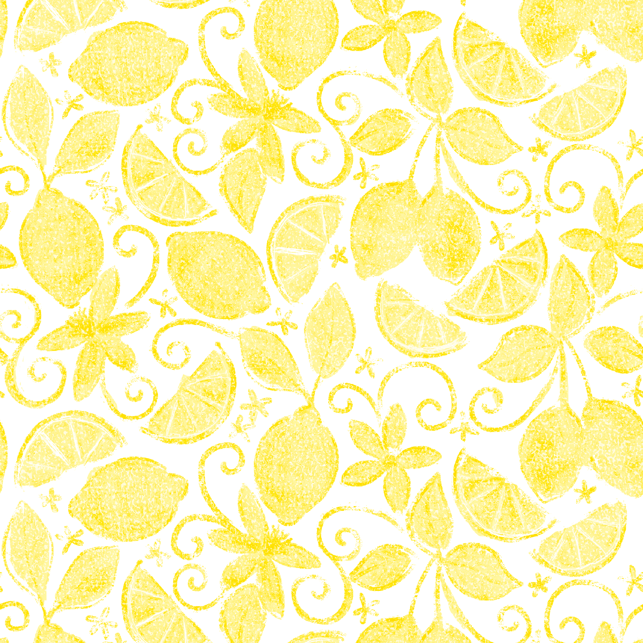 Yellow lemon pattern by Nicole Tamarin with sliced lemons, leaves, and swirls on a white background tiled preview square