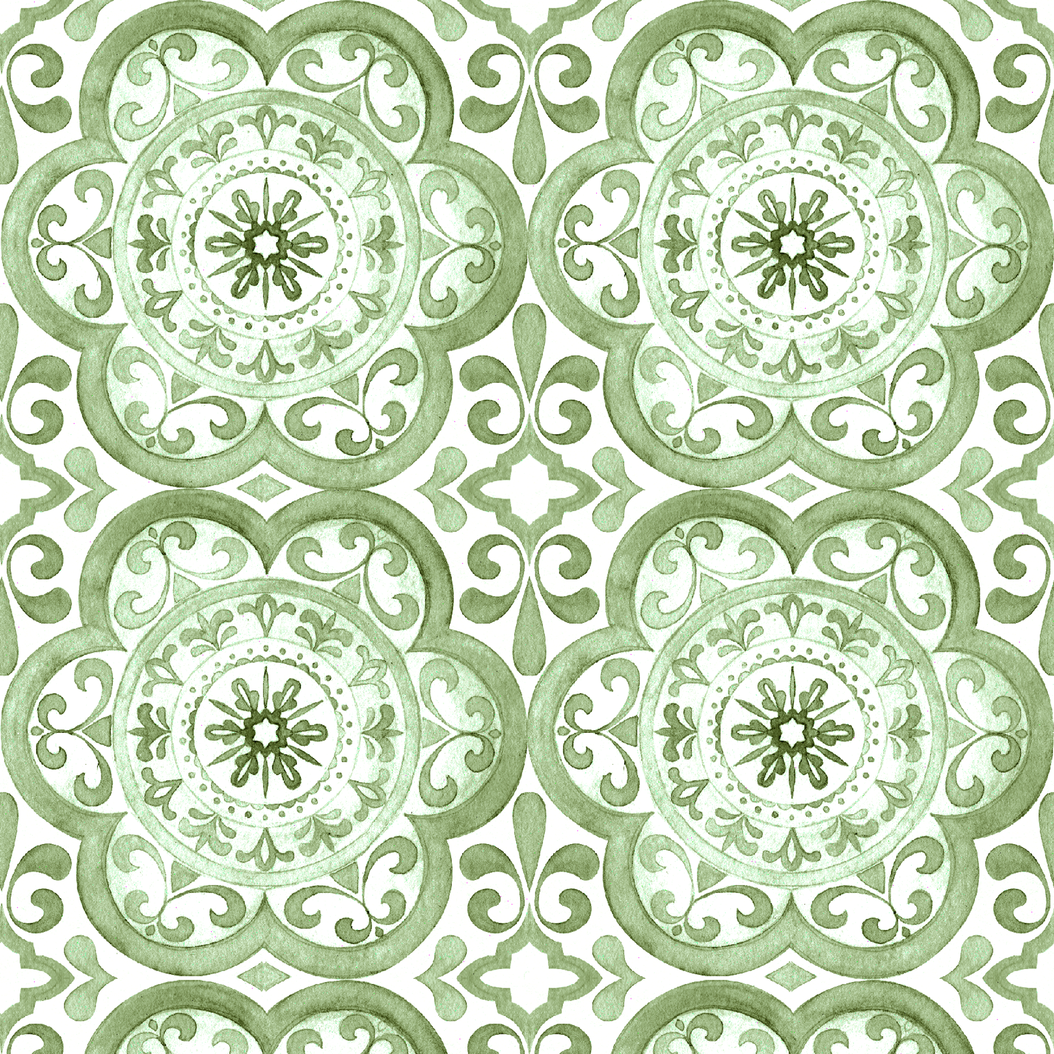 Green medallion tile-inspired pattern by Nicole Tamarin, featuring ornate floral details in a repeating square layout. tiled preview square