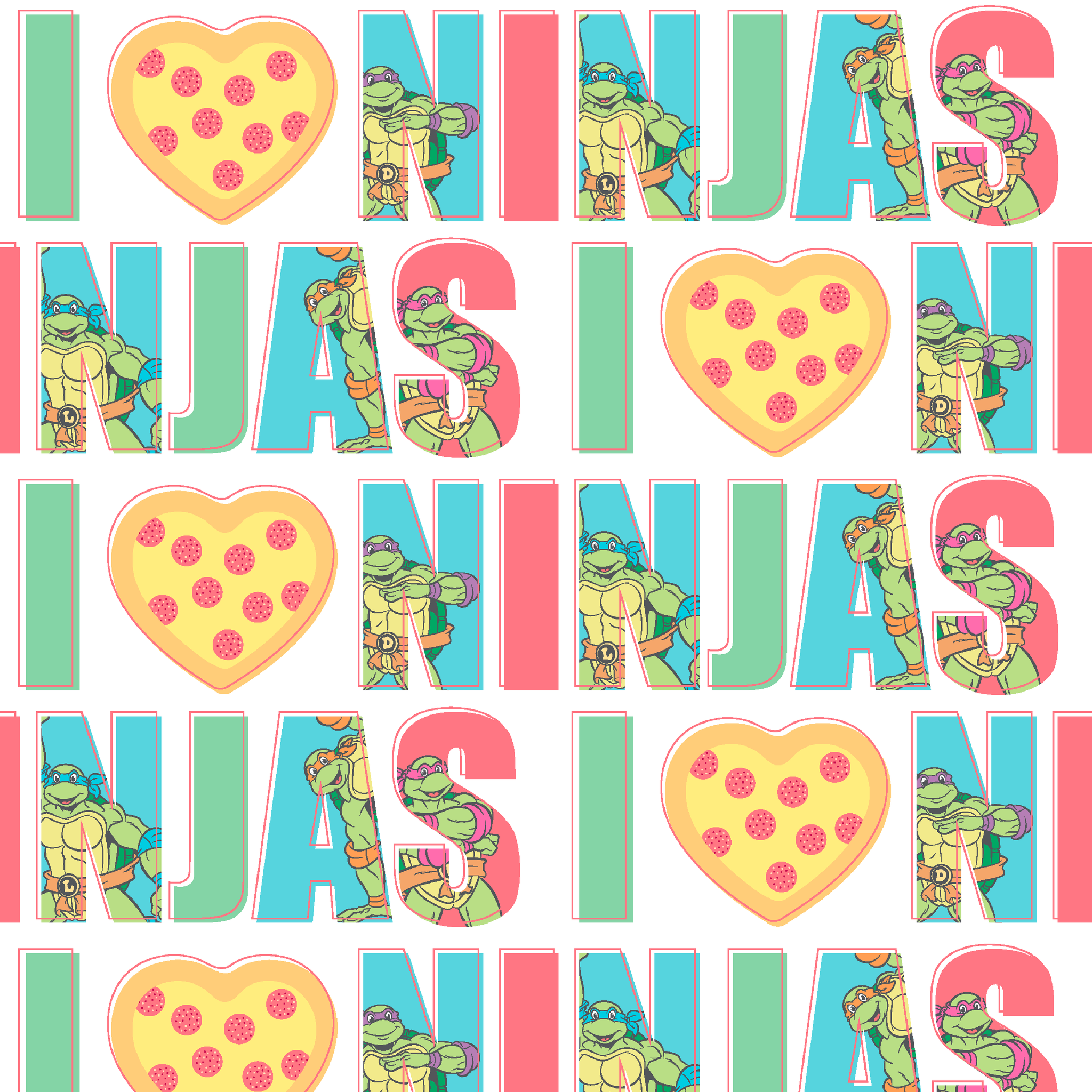 Teenage Mutant Ninja Turtles design with “I heart Ninjas” text with a pizza heart graphic, and Michelangelo and Leonardo in pastel colors. tiled preview square