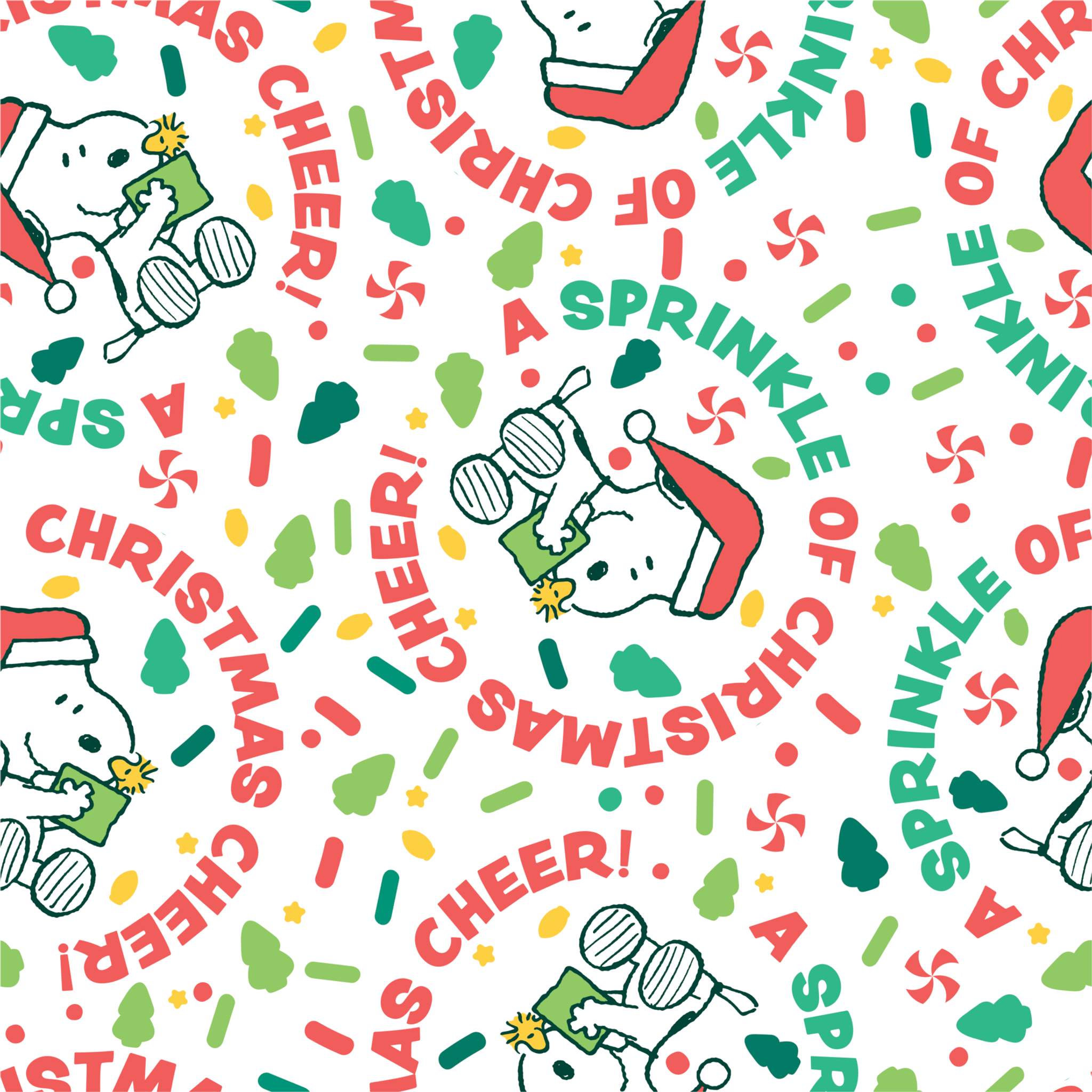 Holiday pattern with Snoopy wearing Santa hat, surrounded by "Merry Christmas", "Cheer", and candy designs on white background tiled preview square