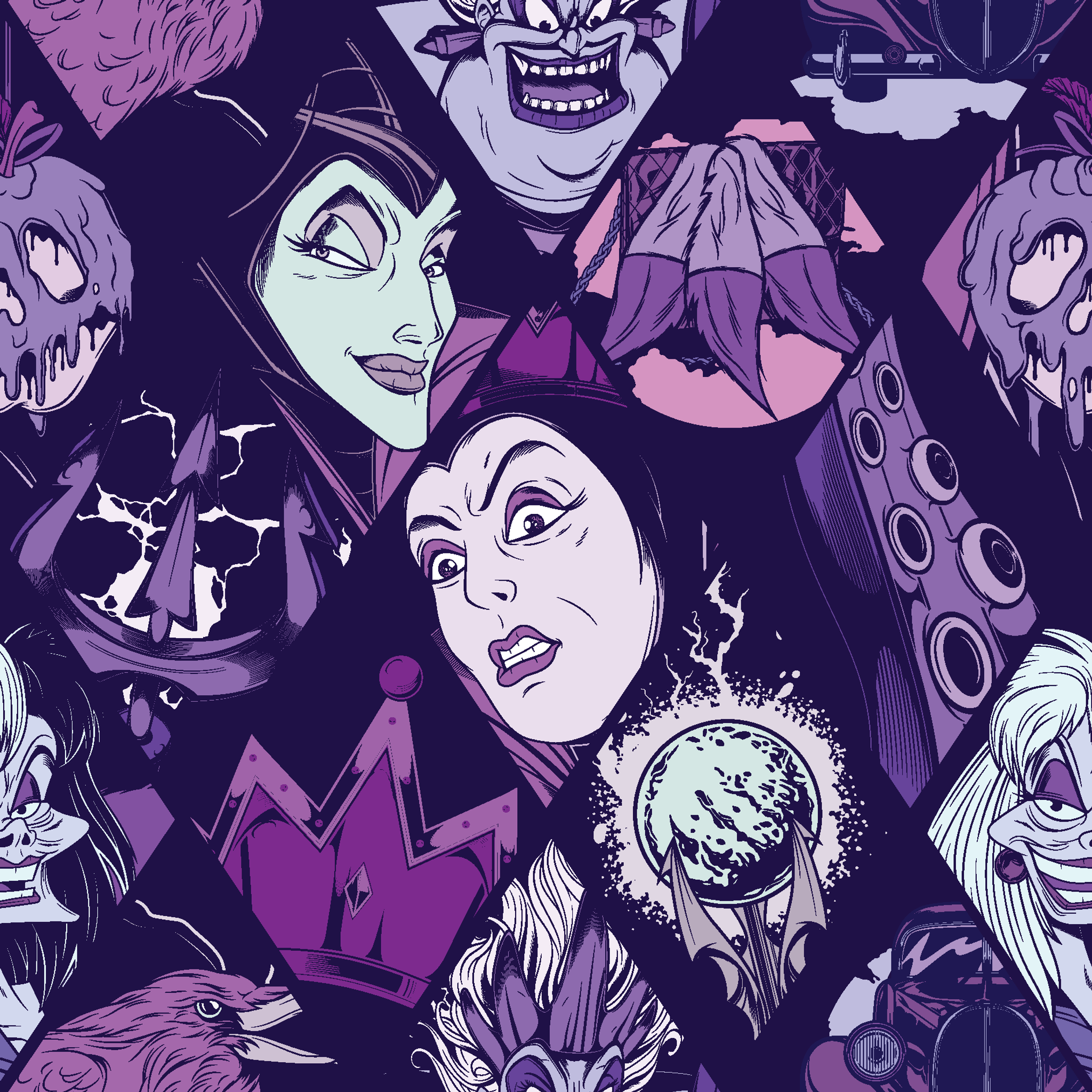 Stylized Disney villains in purple tones featuring evil queens, monsters, and creatures with sinister expressions. tiled preview square