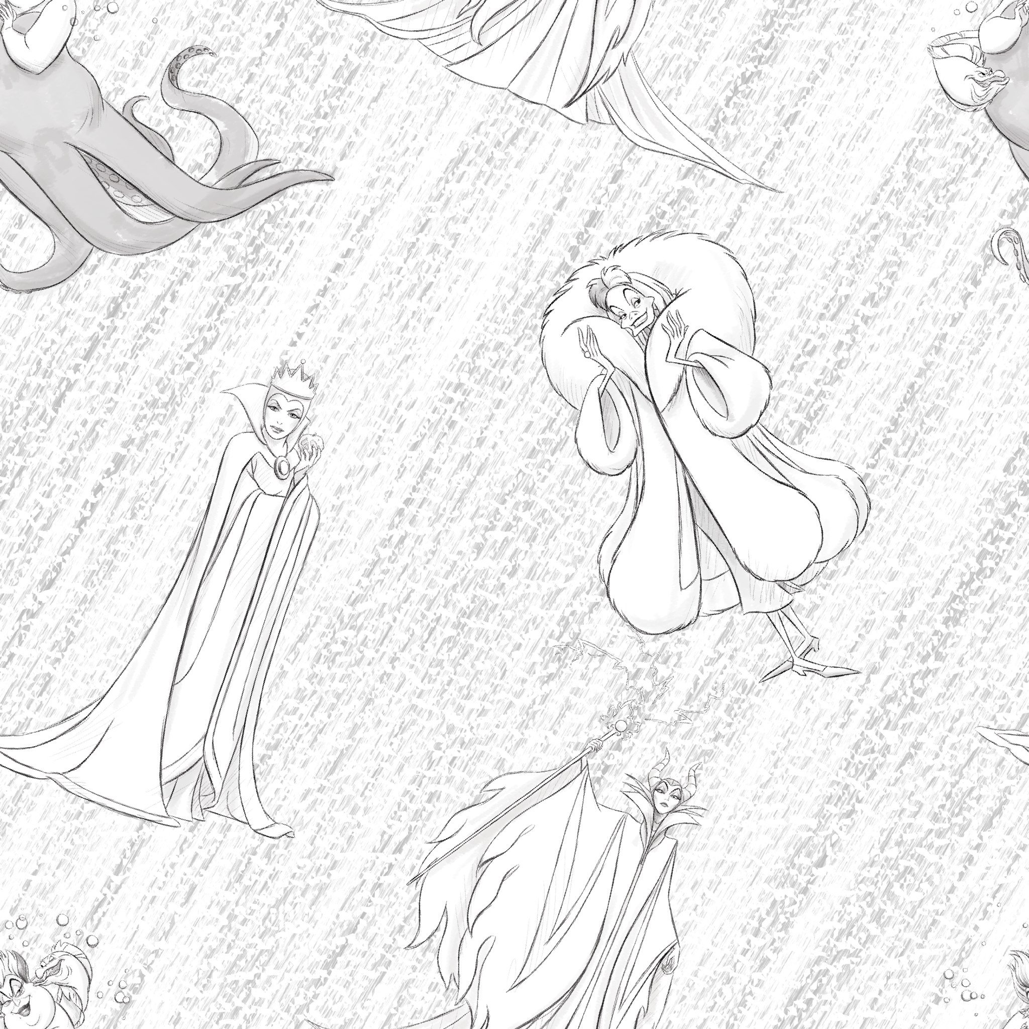 Sketched Disney villains scattered across a textured diagonal background in grayscale tiled preview square