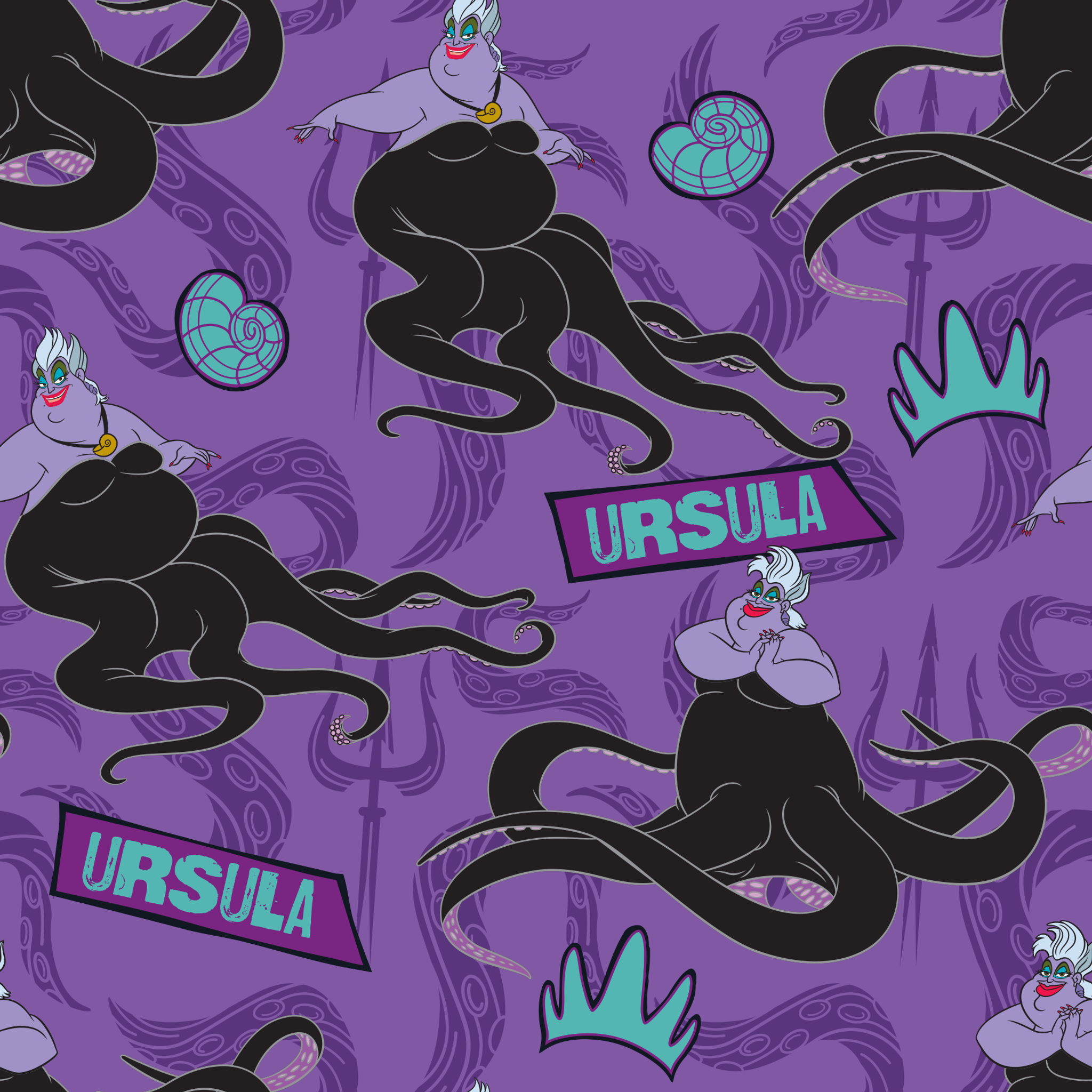 Purple background with Ursula silhouettes, tentacles, turquoise crowns, and name plates in repeating pattern tiled preview square