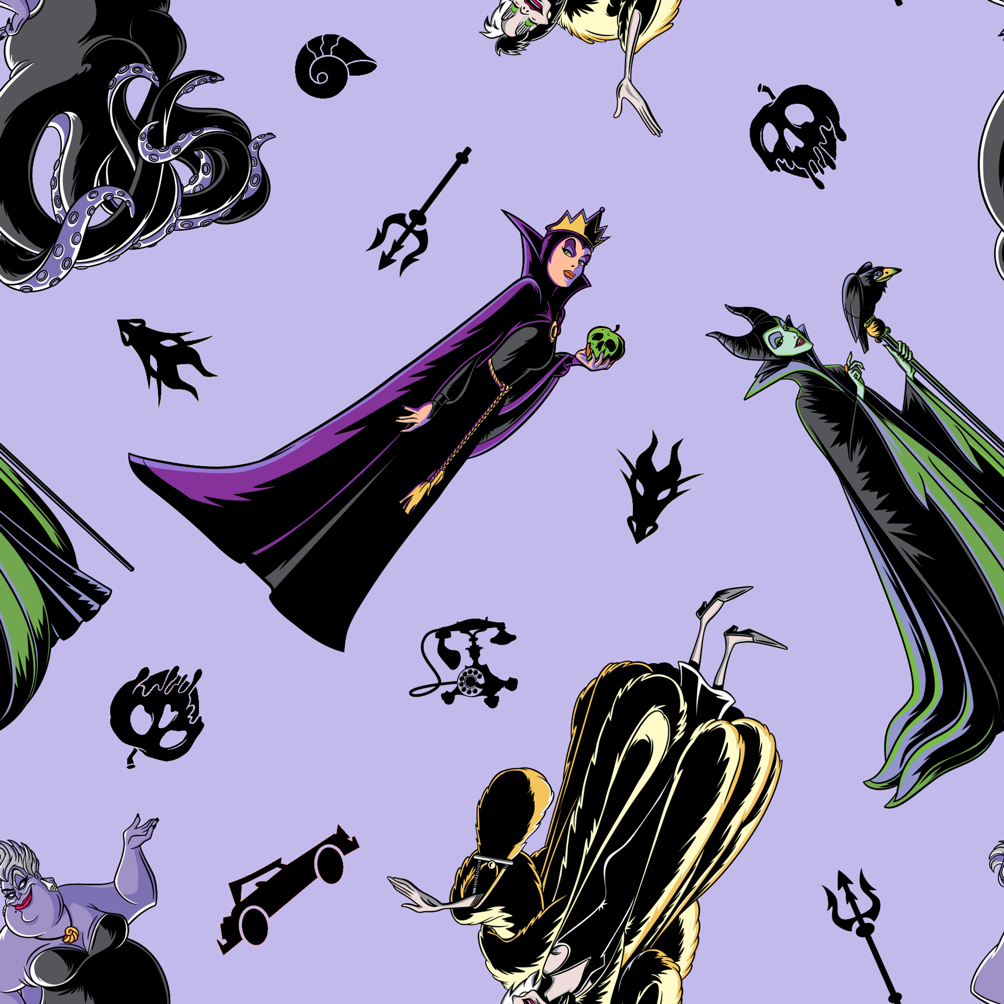 Disney villain characters pattern on purple background, featuring Maleficent and other iconic antagonists in stylized form tiled preview square