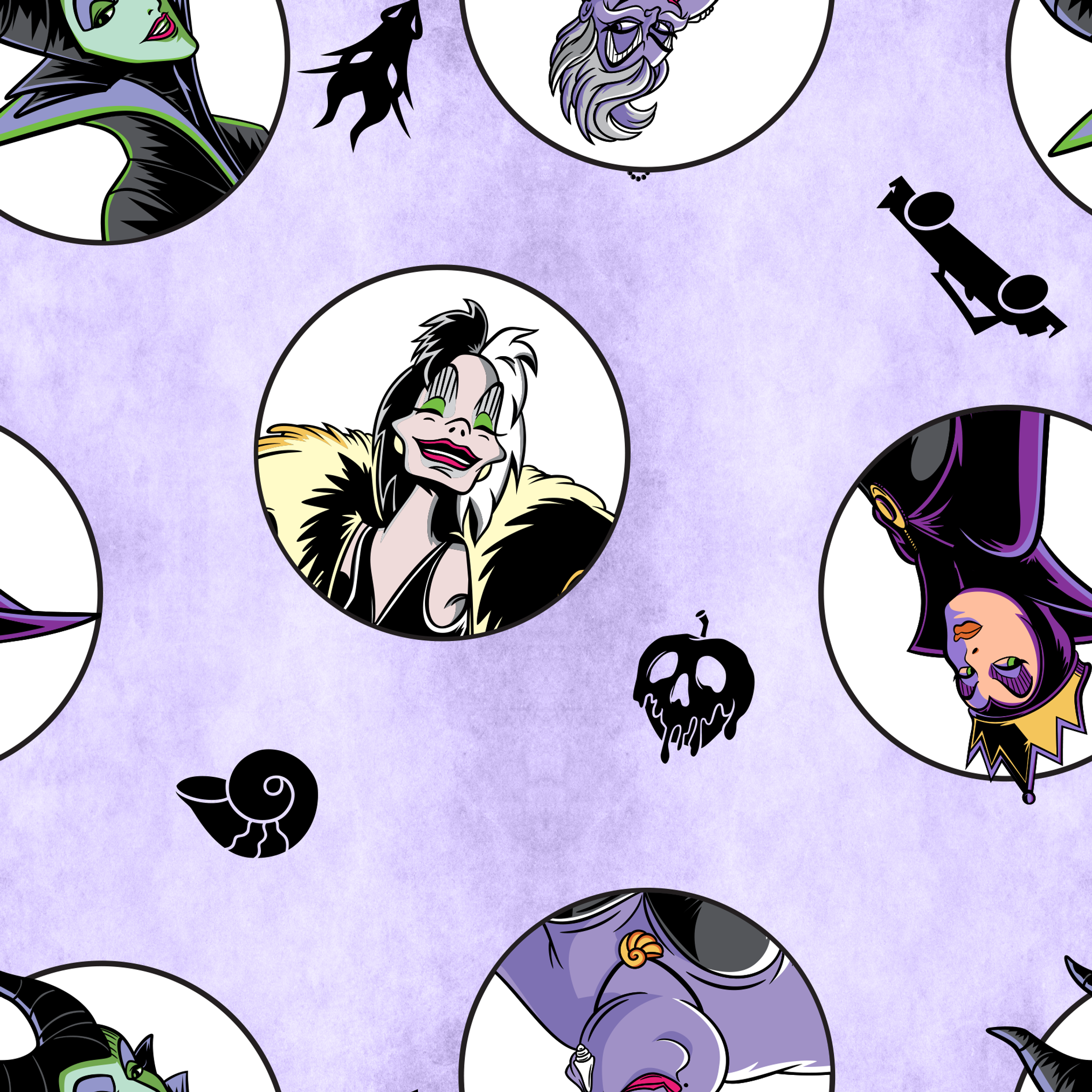 Disney villains pattern with circular character portraits on lavender background with black silhouettes of iconic symbols tiled preview square
