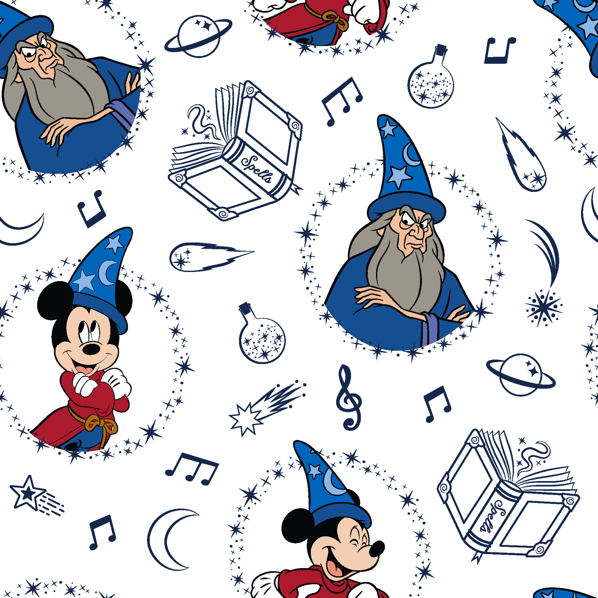 Disney's Fantasia pattern with Mickey Mouse in wizard hat, magical books, music notes, celestial elements on white background tiled preview square
