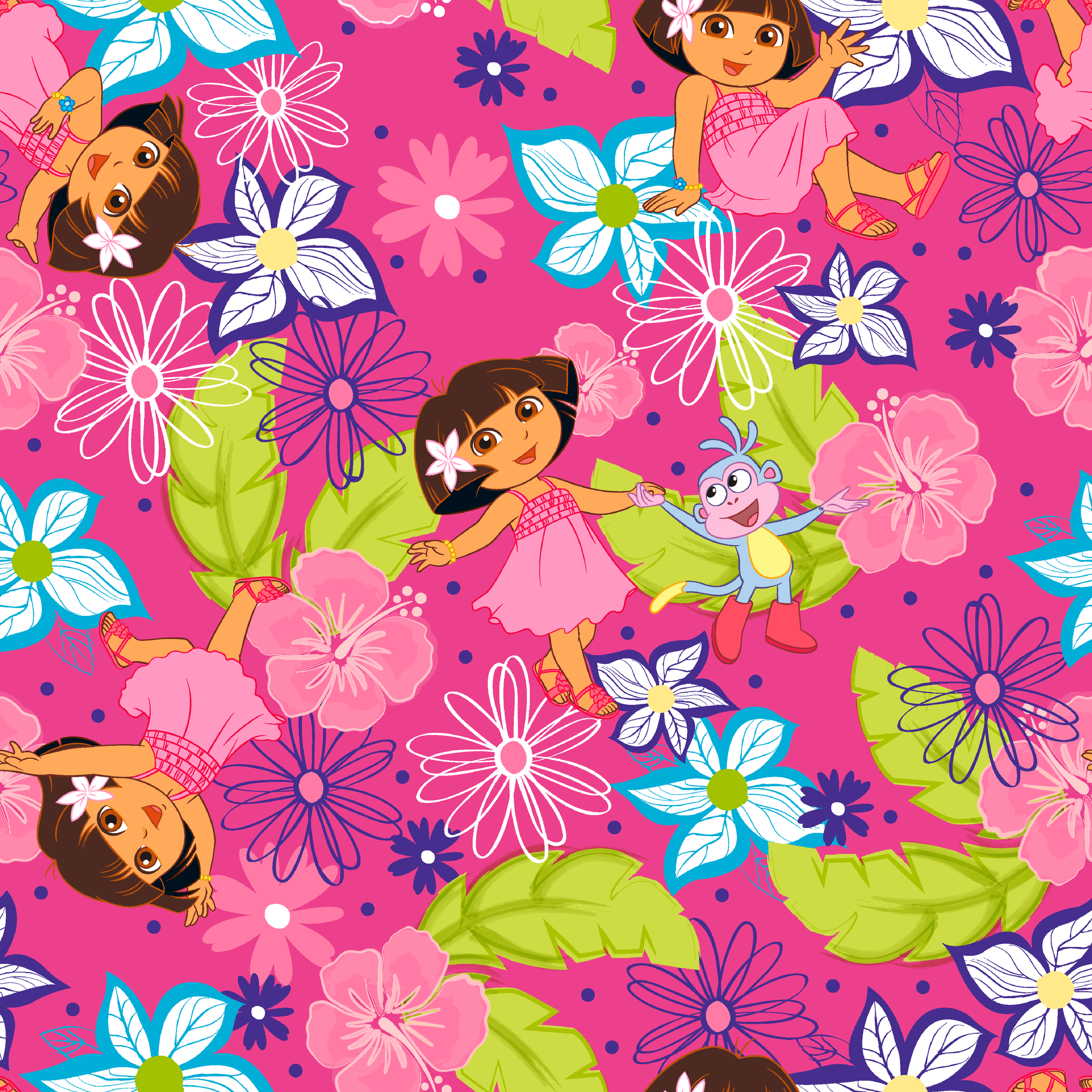 Colorful cartoon pattern with Dora the Explorer characters among vibrant flowers on pink background tiled preview square