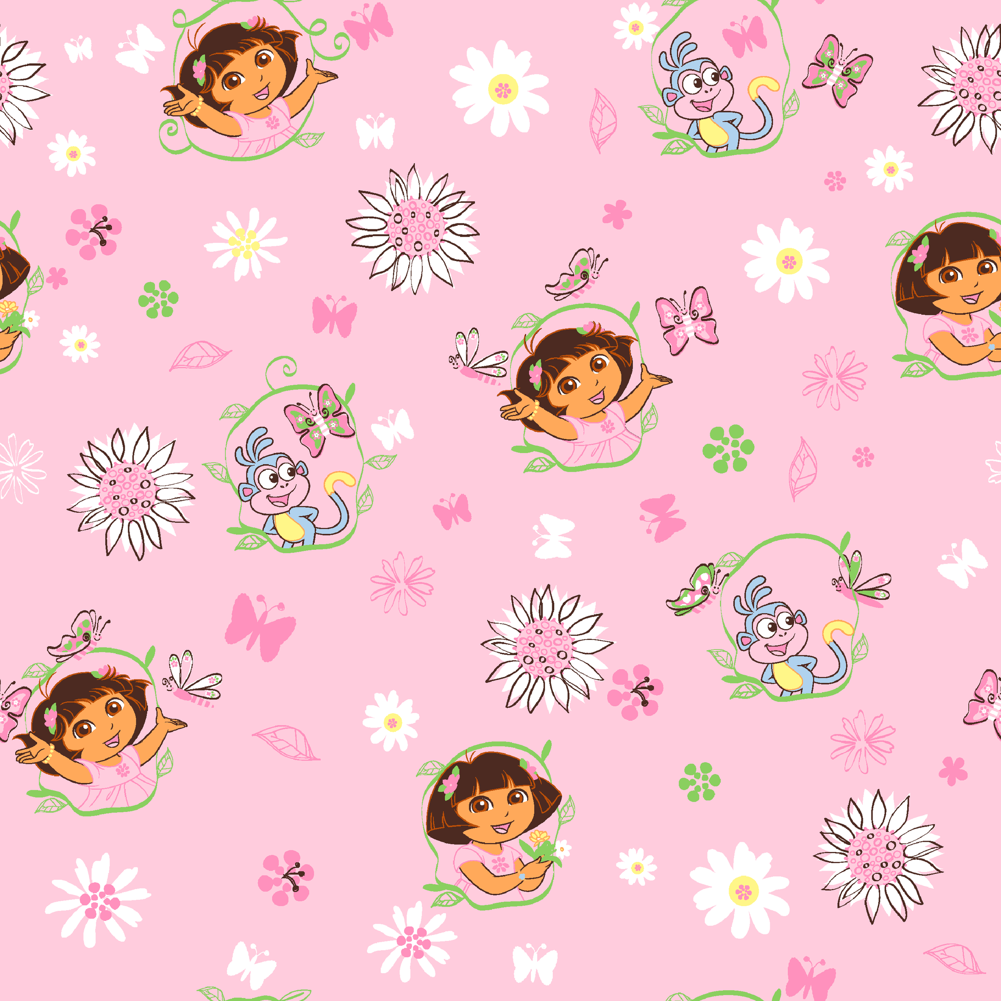 Pink background with Dora the Explorer characters, white daisies and purple butterflies scattered throughout tiled preview square